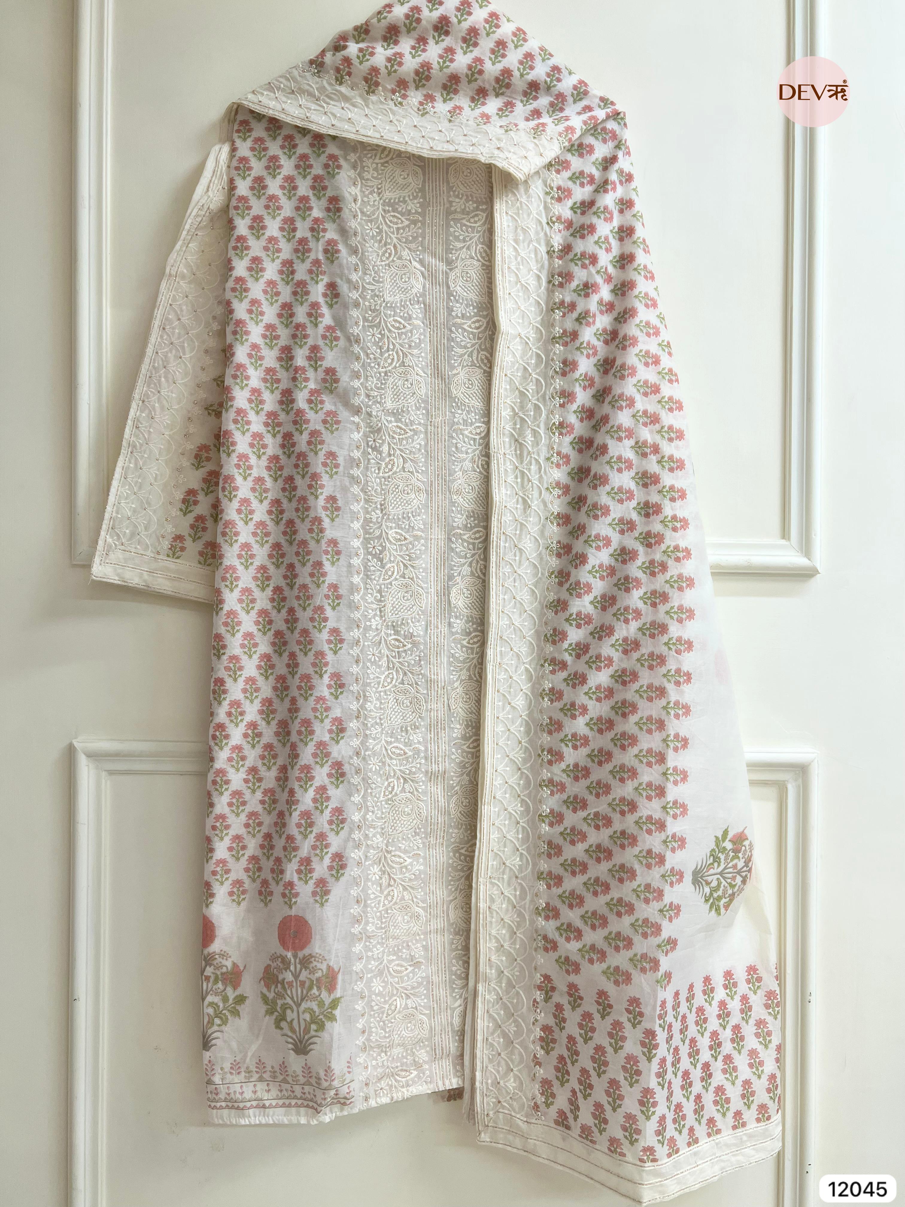 Off White Mul Chanderi Unstitched Block Printed Lucknawi Embroidered -Set Of 3 - {12045}