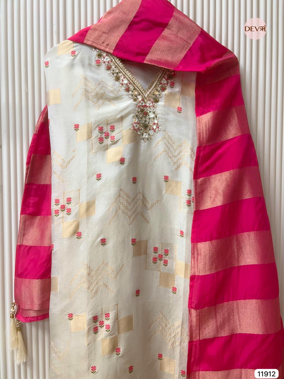 Off White Tissue Shimmer Silk Unstitched Banarasi Weave Hand Embroidered -Set Of 3 - {11912}