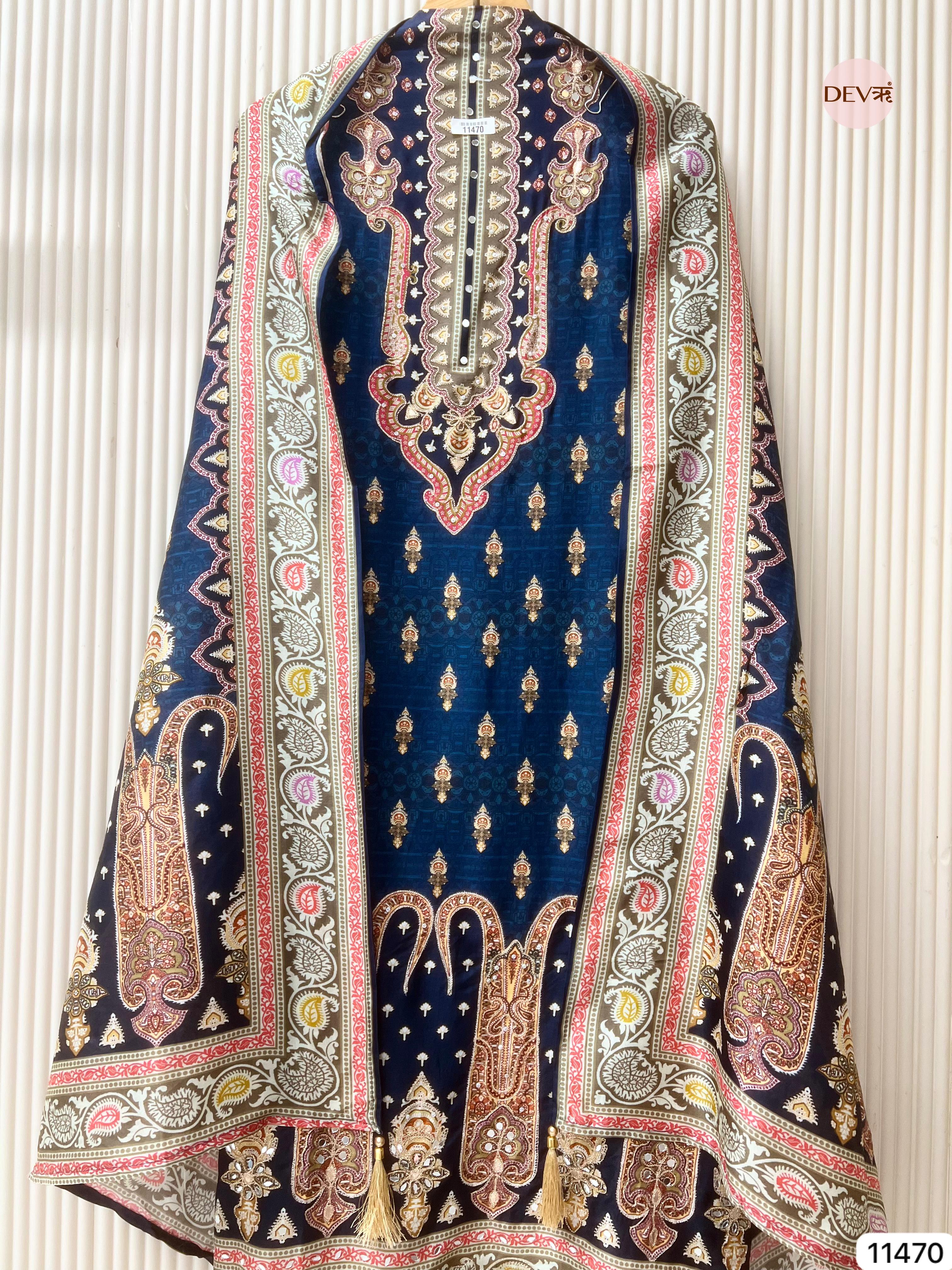Deep Navy Russian Silk Printed Unstitched 3-Piece Suit (Devri – D.No 11470)