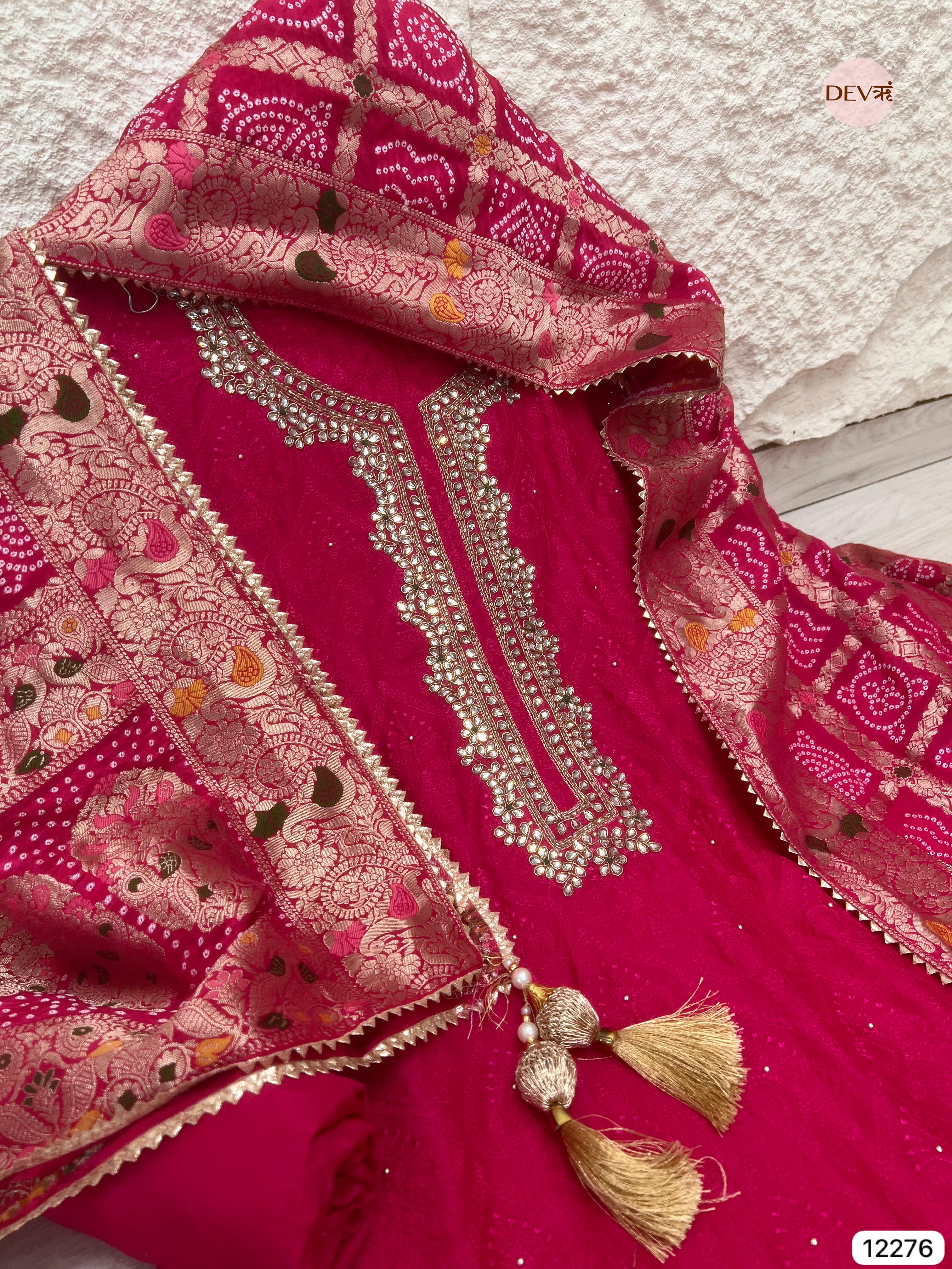 Rani Pink Pure Russian Silk Embroidered Unstitched 3-Piece Suit (Devri – D.No 12276)