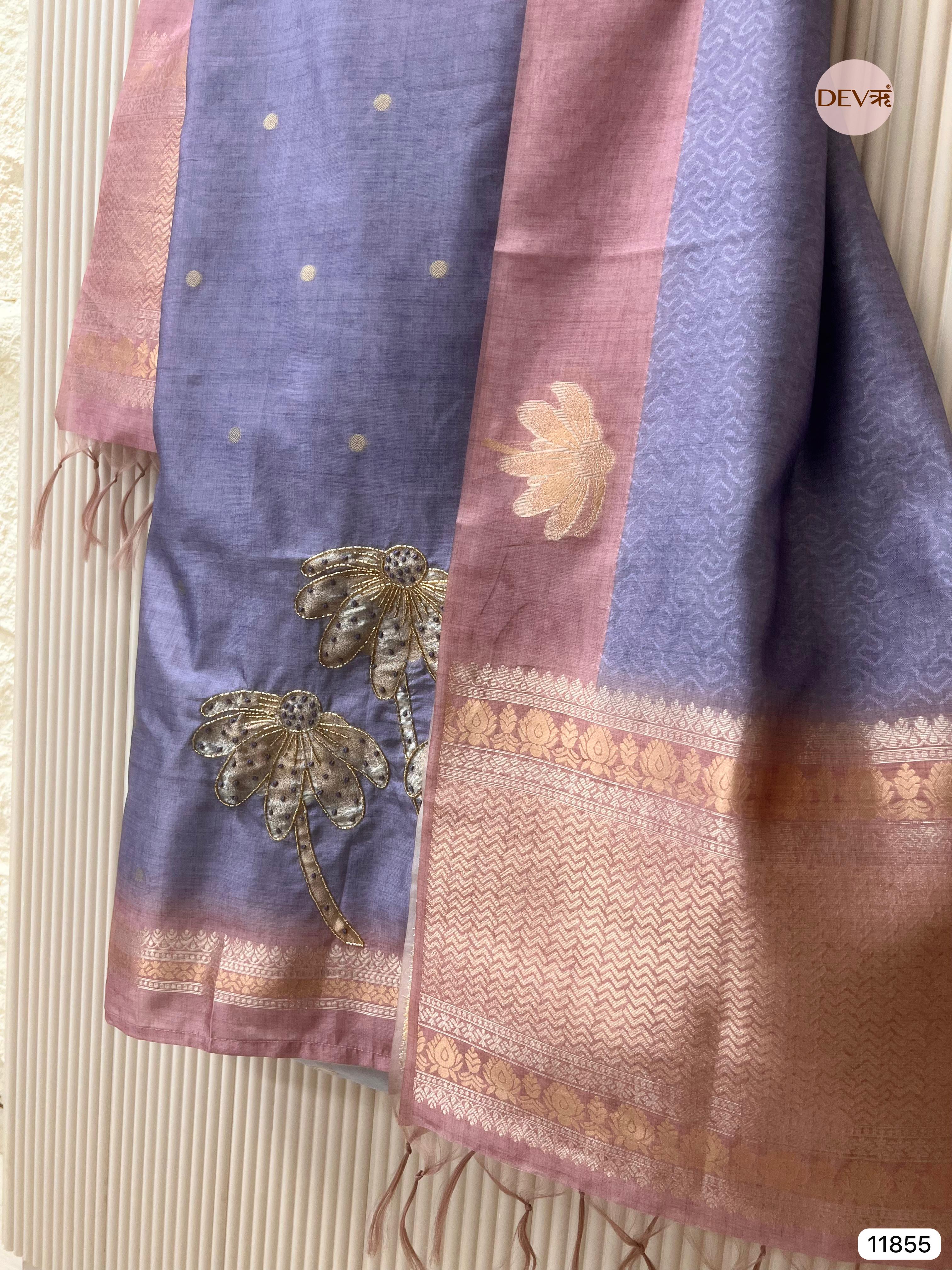Purple Banarasi silk unstitched woven hand embroidered -Set Of 3- {11855}