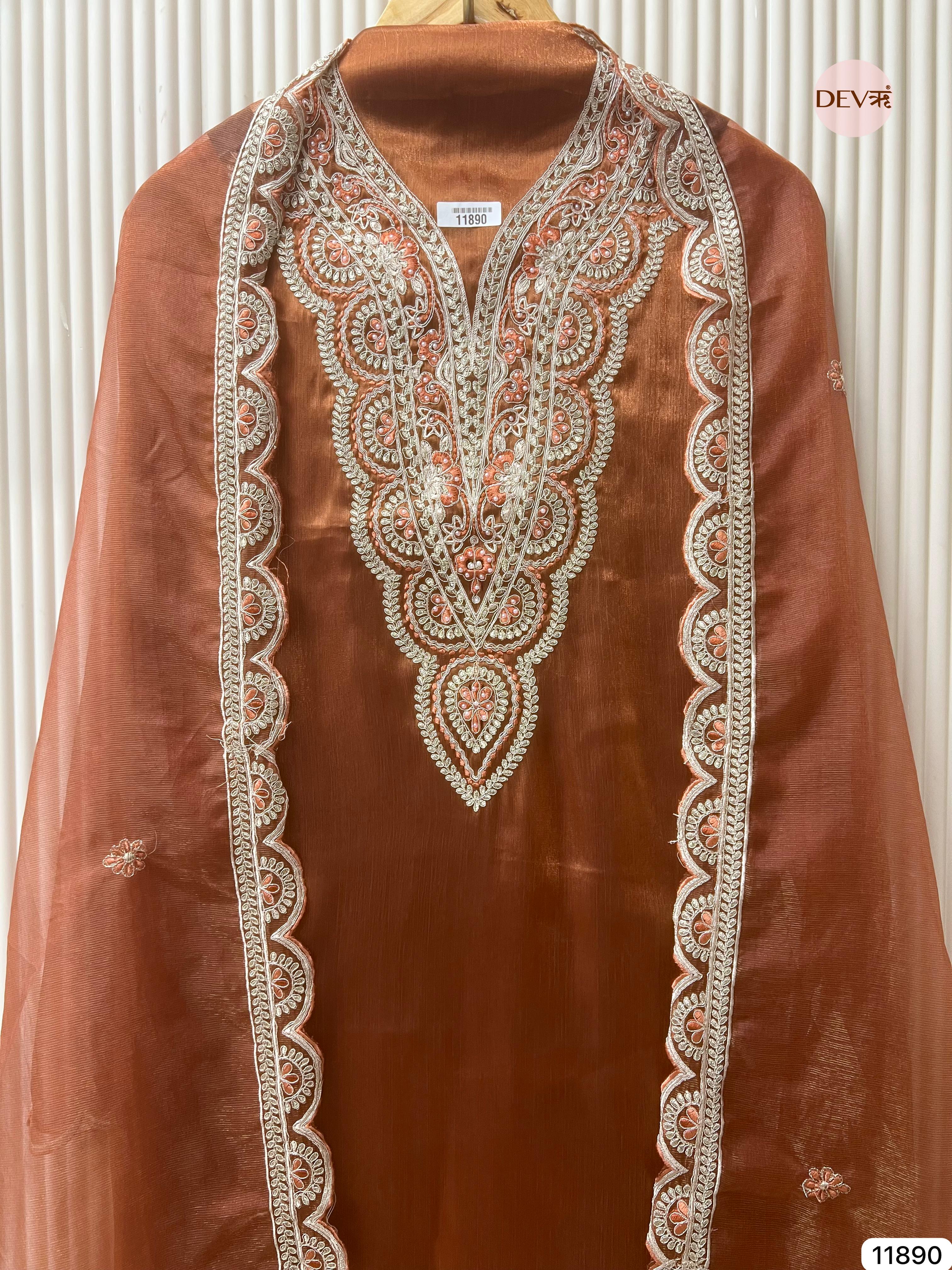 Brown Tissue Shimmer Silk Unstitched Printed Embroidered -Set Of 3 - {11890}