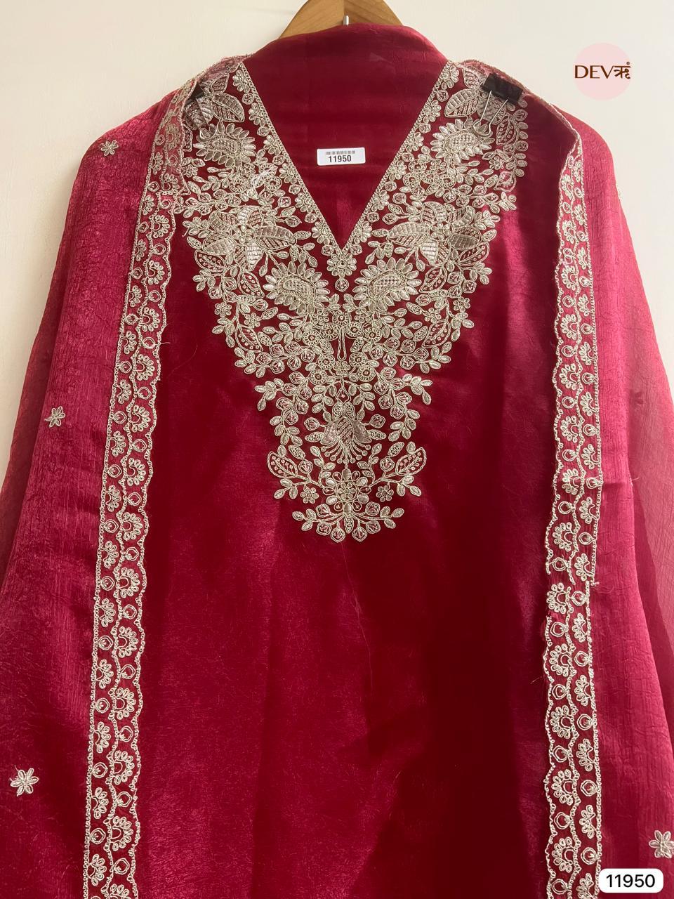 Maroon Crush Tissue Embroidered Unstitched 3-Piece Suit (Devri – D.No 11950)