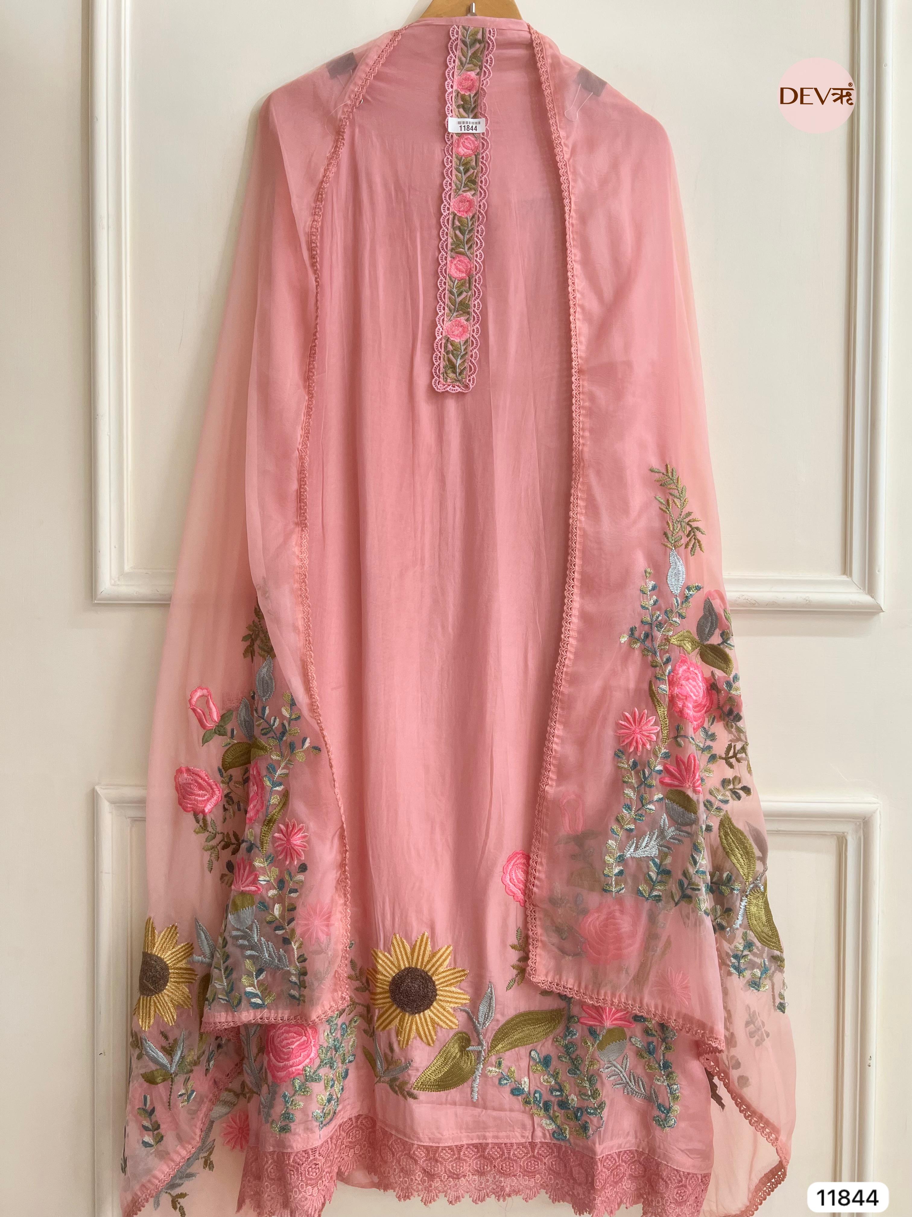 Pink Organza Silk Unstitched Embroidered -Set Of 3 - {11844}