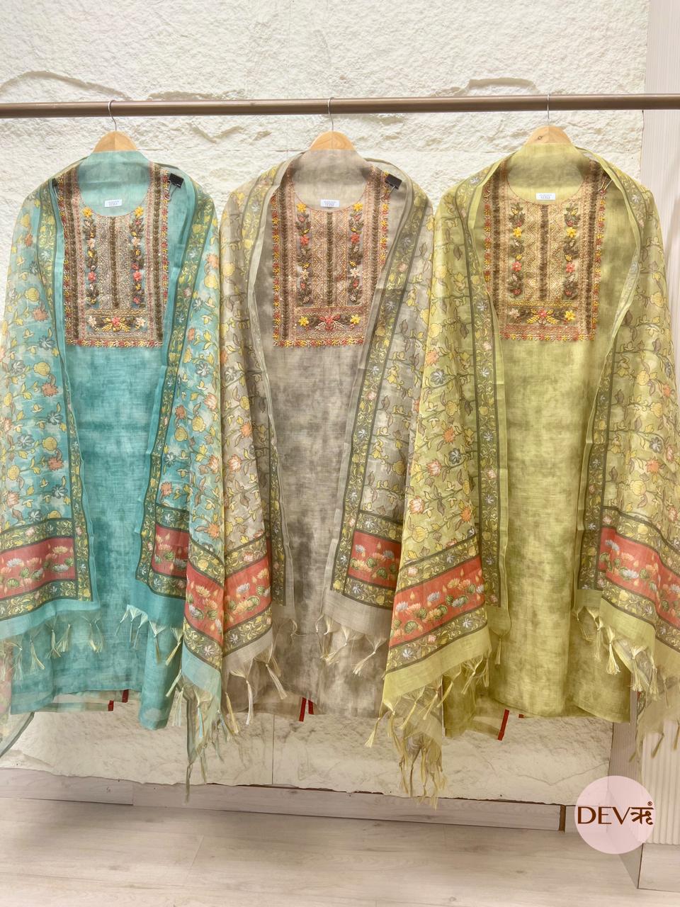 Teal Green Linen Embroidered Unstitched 3-Piece Suit (Devri – D.No 12351)