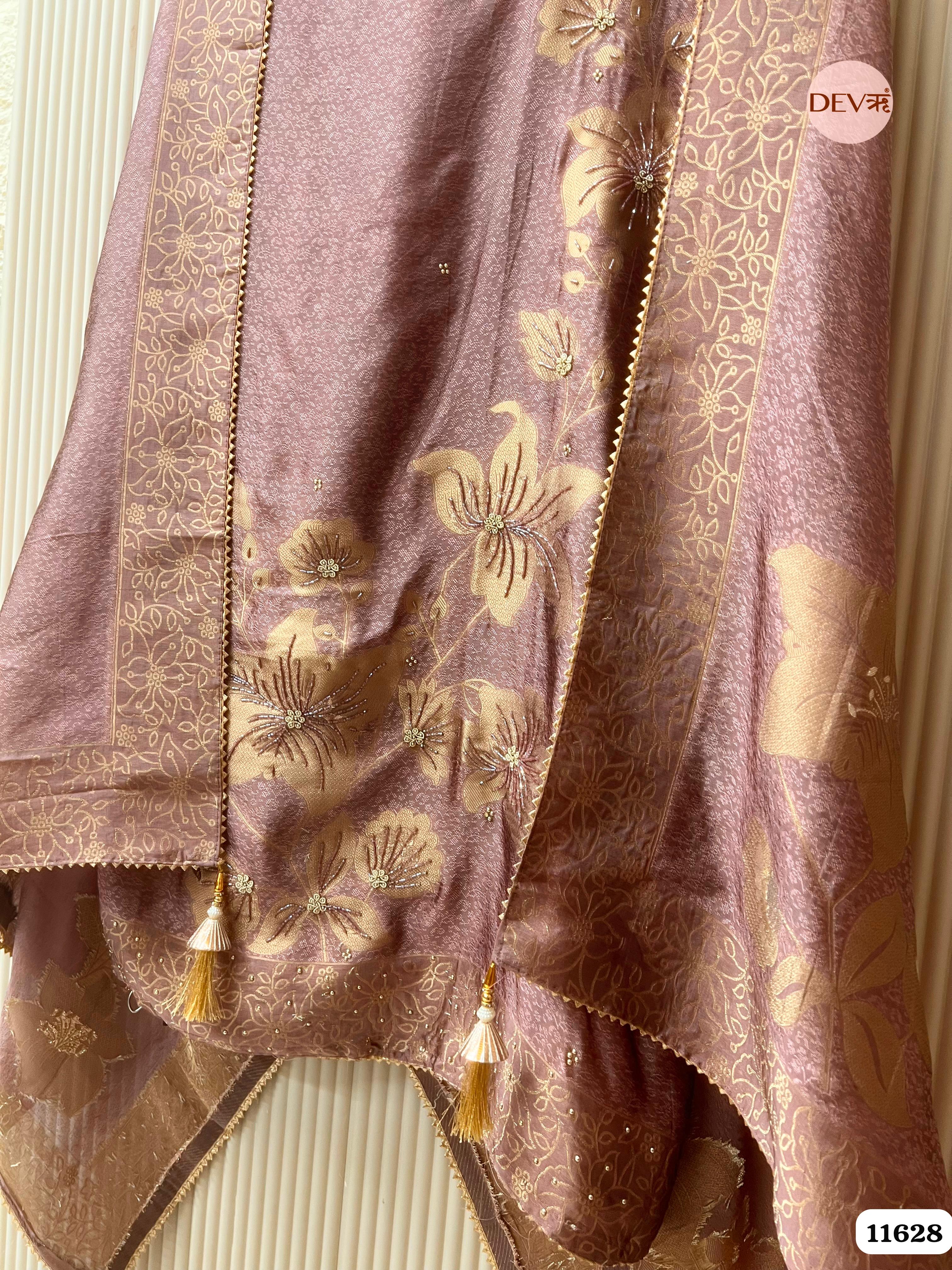 Purple Pure Dola Silk Banarasi Woven Unstitched Hand Embroidered -Set Of 3 {11628}