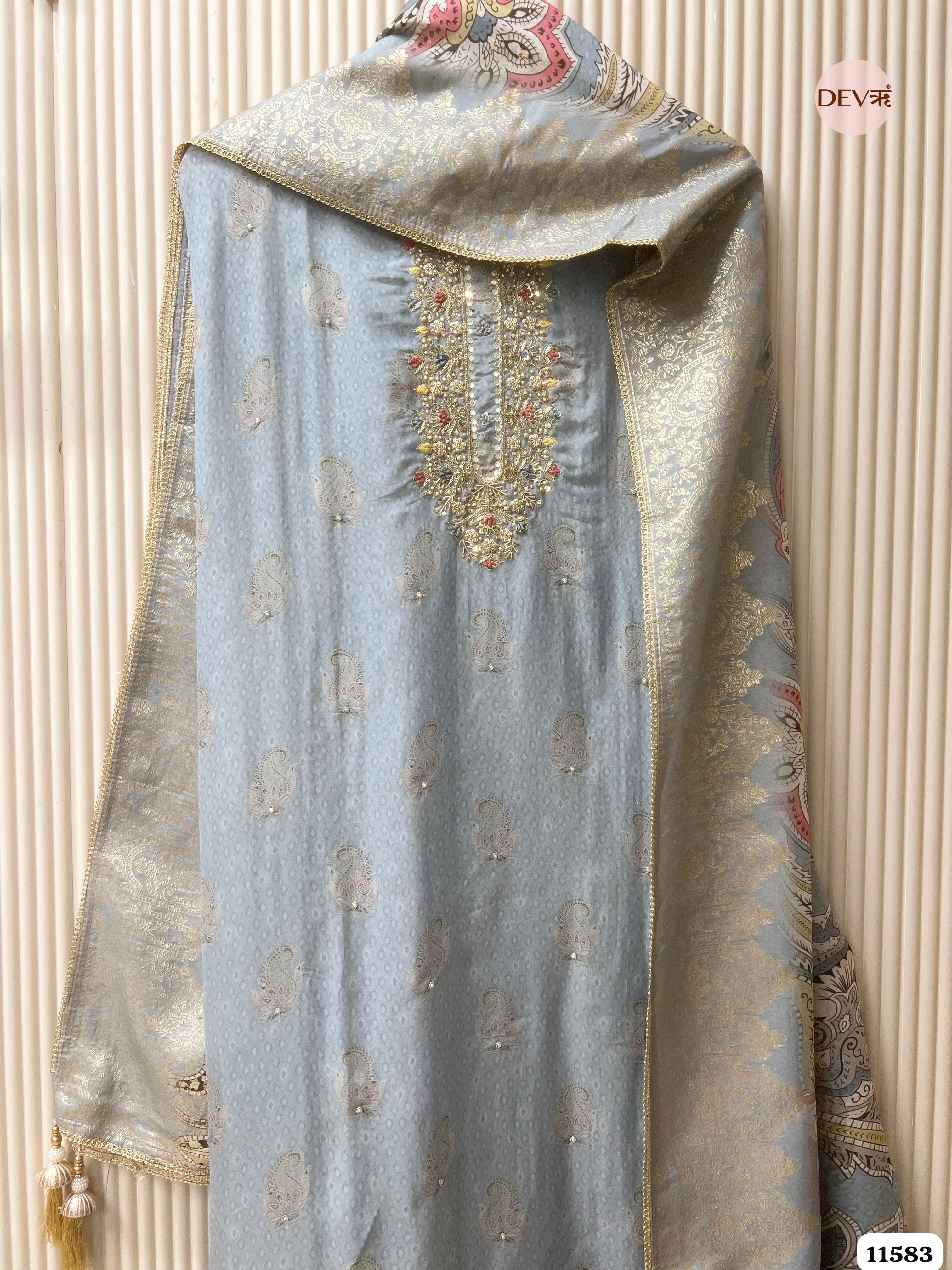 Light Grey Pure Silk Unstitched Printed Hand Embroidered -Set Of 3 {11583}