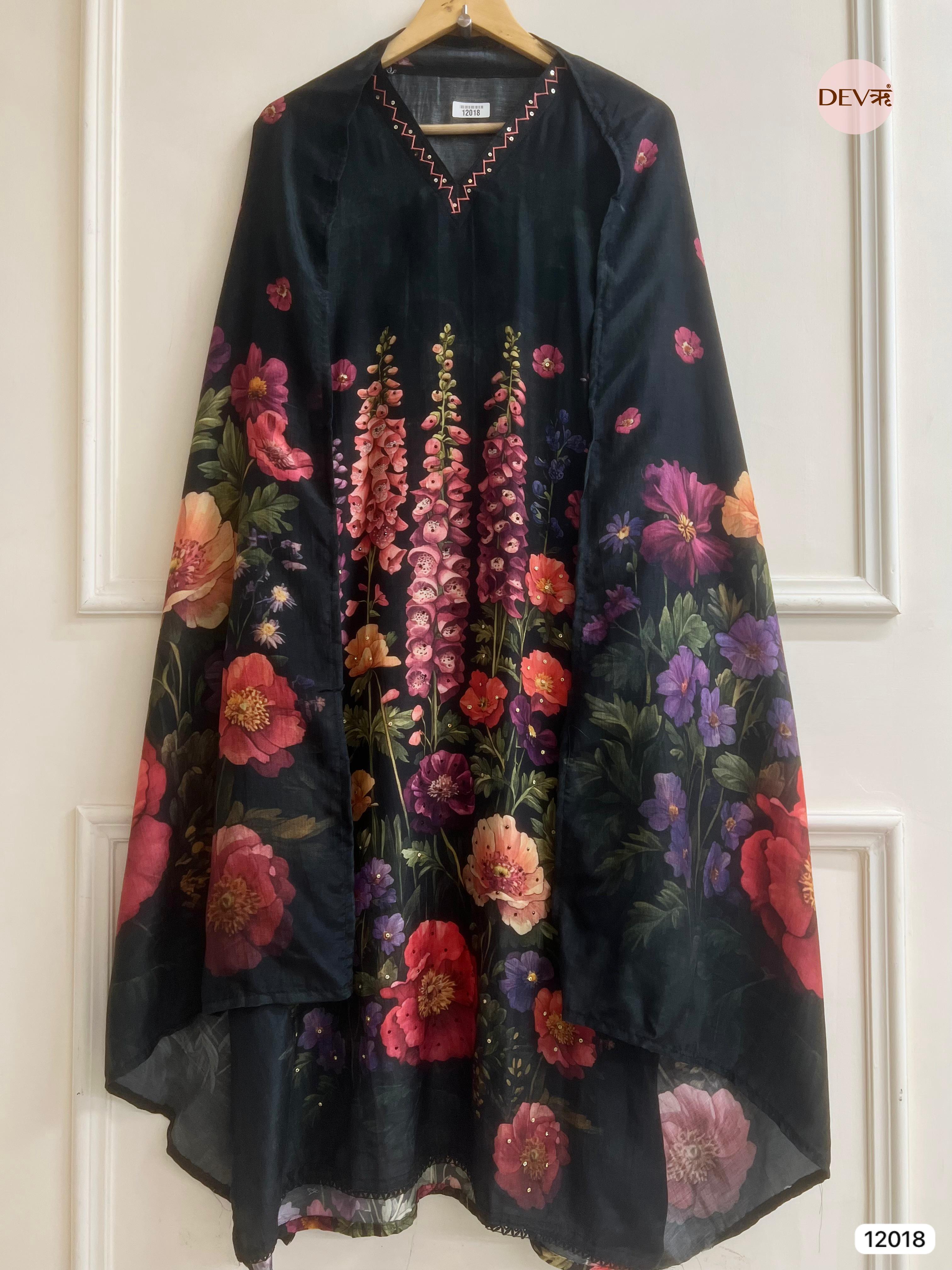 Black Muslin Semi Stitched Printed Hand Embroidered -Set Of 3 - {12018}