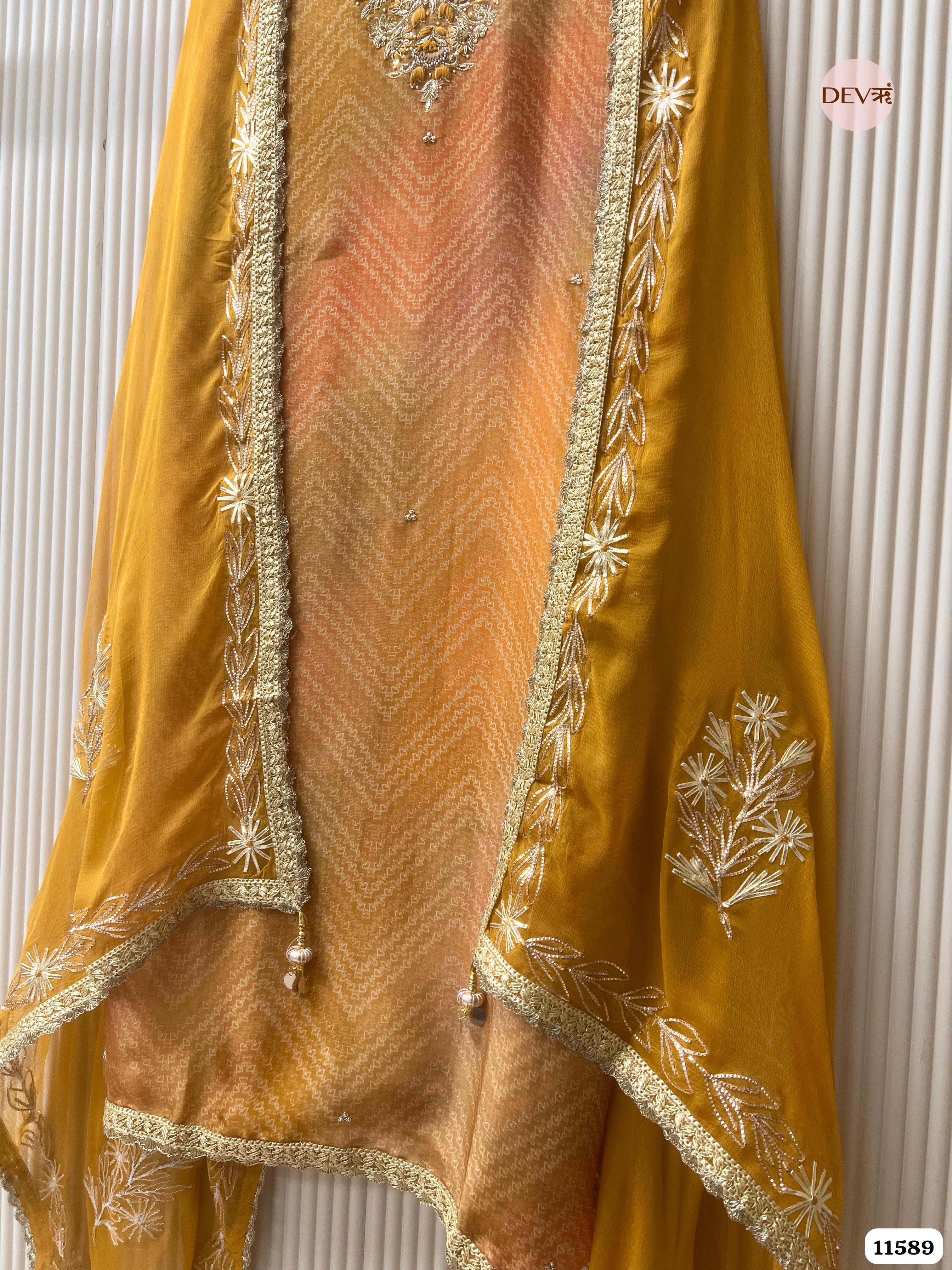 Mustard Yellow Pure Tissue Silk Printed Unstitched Hand Embroidered -Set Of 3 {11589}