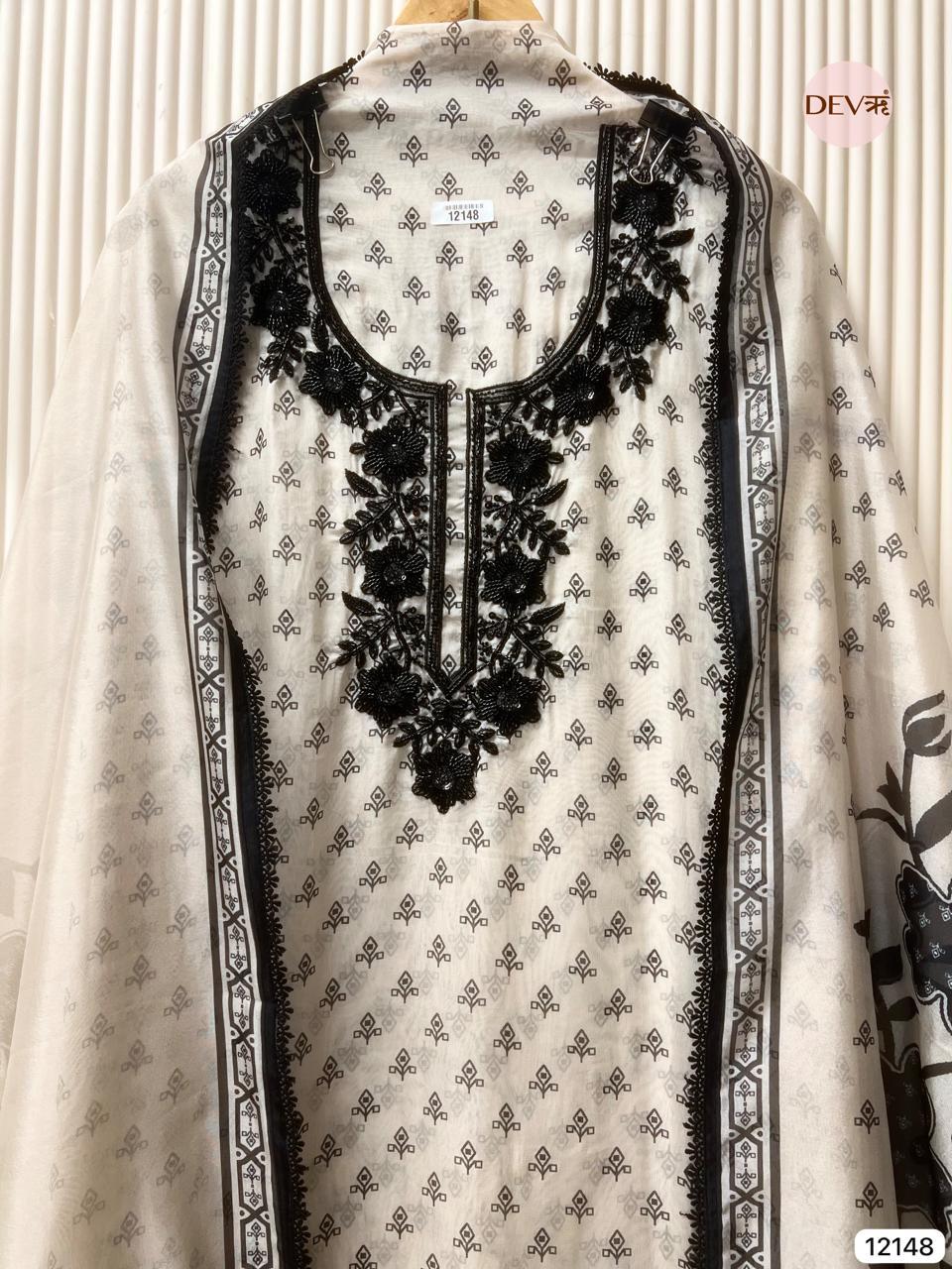 White Pure Organza Embroidered Unstitched 3-Piece Suit (Devri – D.No 12148)