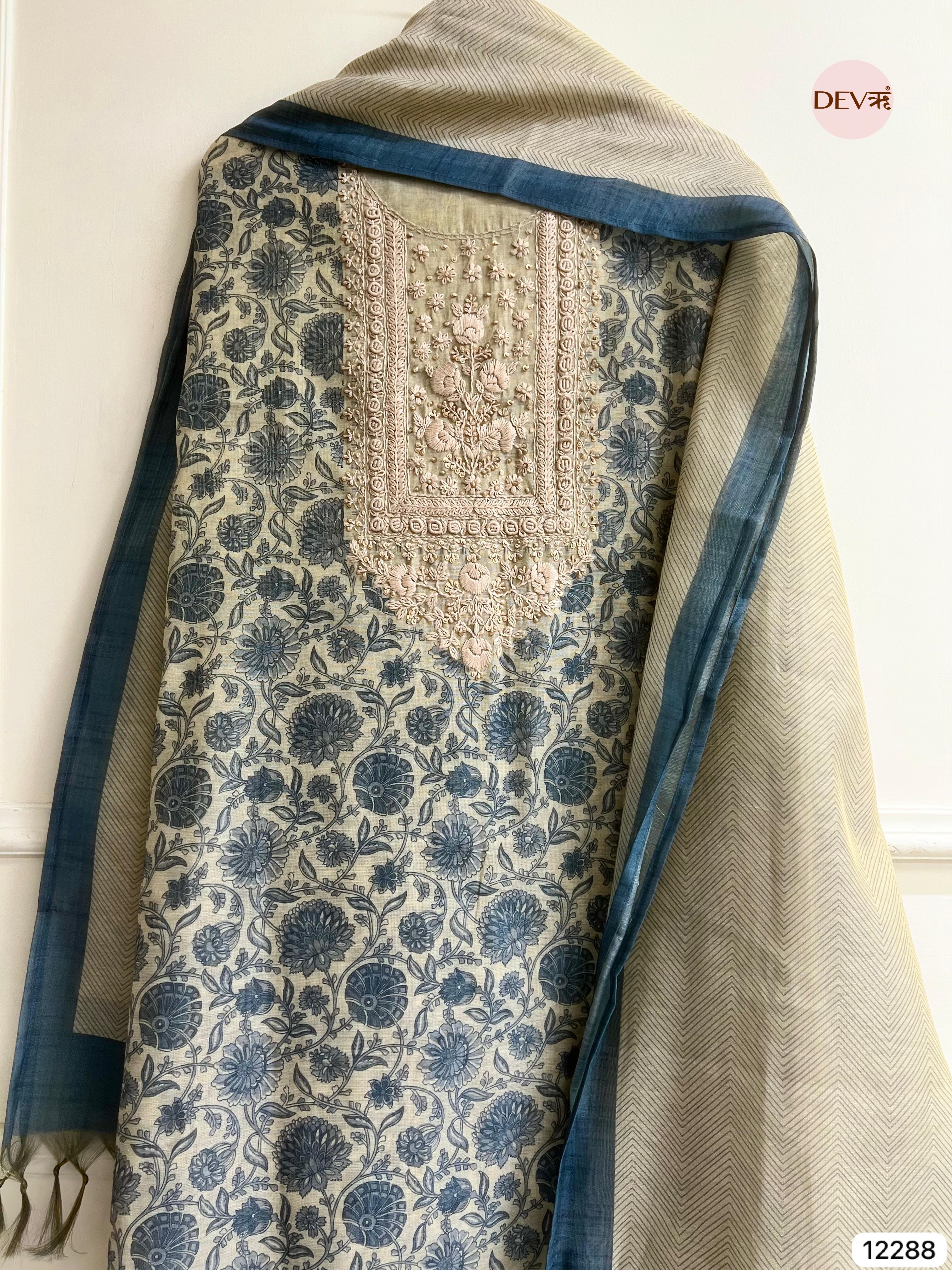 Ivory Blue Tissue Silk Embroidered Unstitched 3-Piece Suit (Devri – D.No 12288).