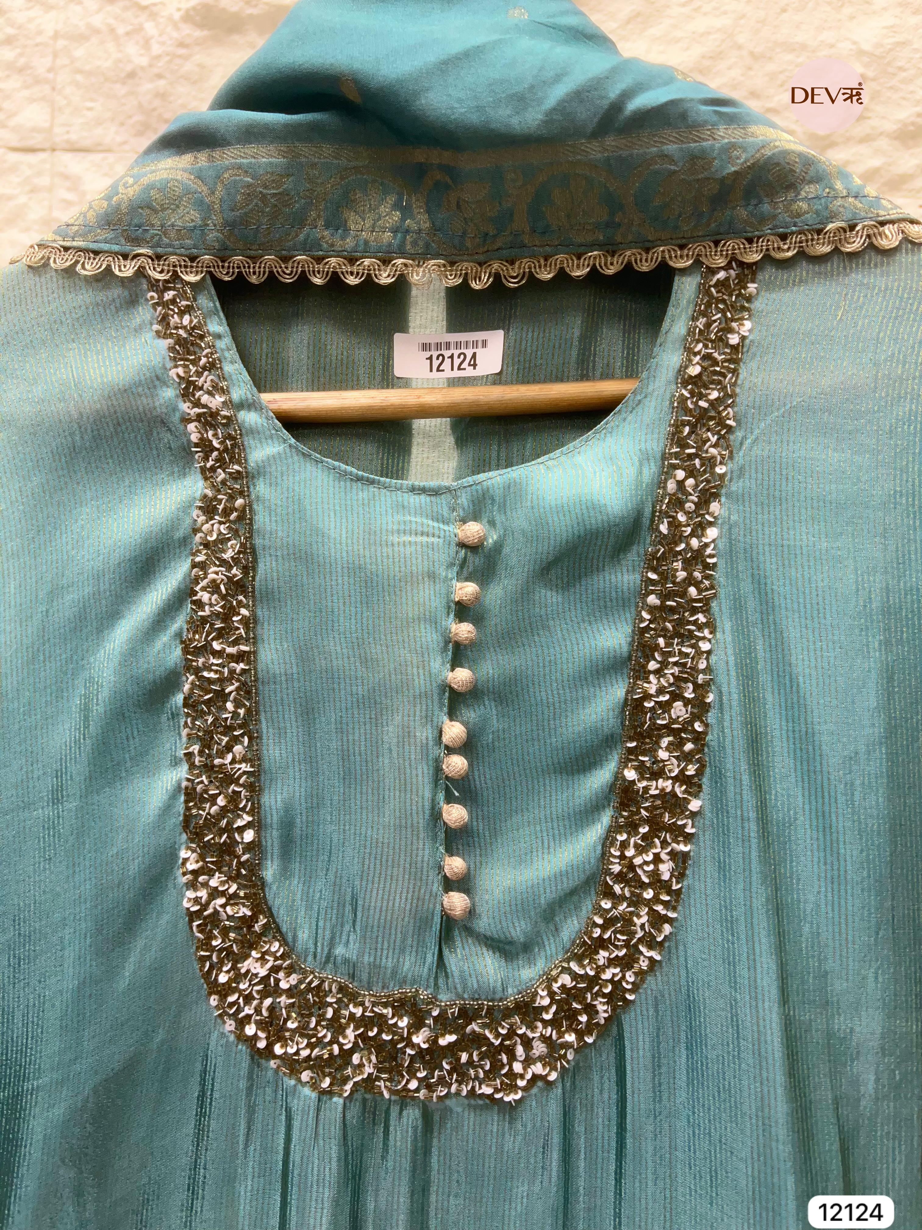 Blue-Green Shimmer Silk Unstitched Hand Embroidered -Set Of 3 - {12124}