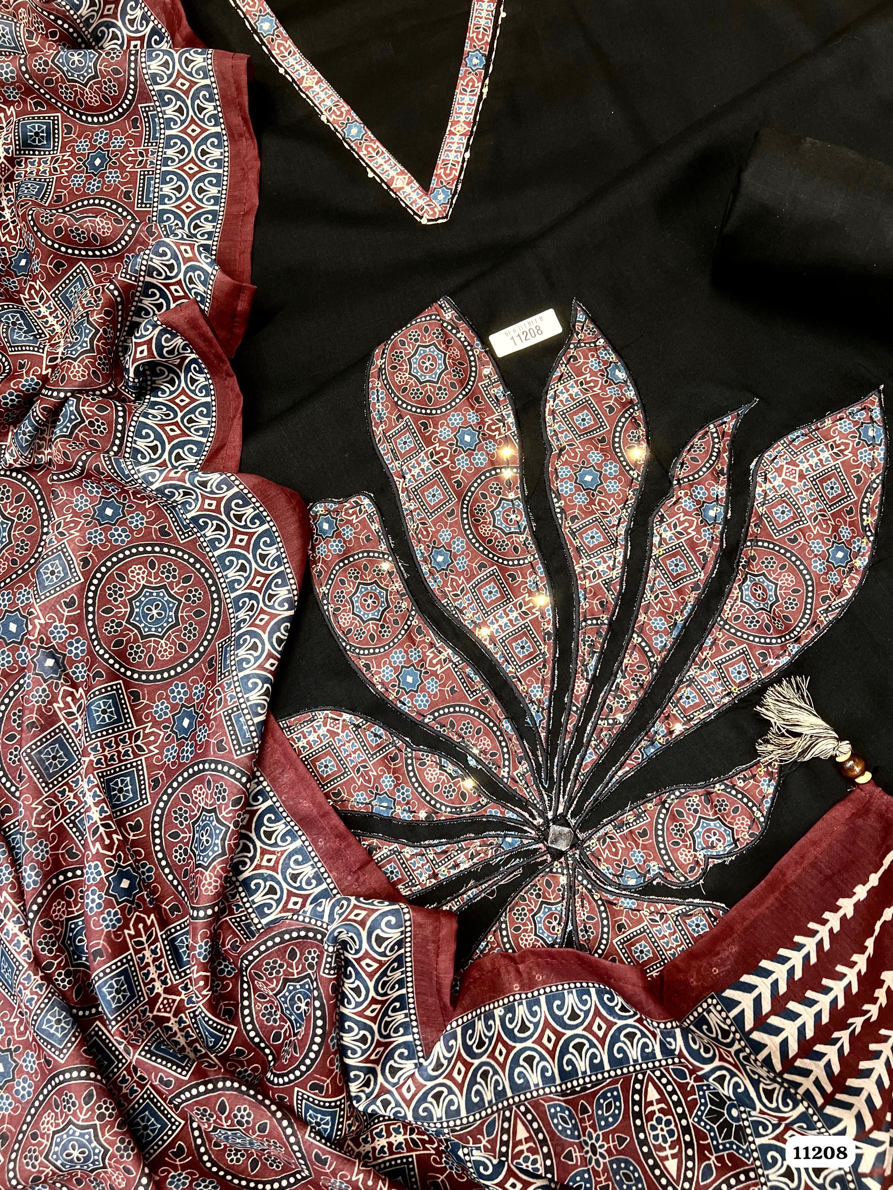 Black Cotton Slub Unstitched Printed -Set Of 3 - {11208}