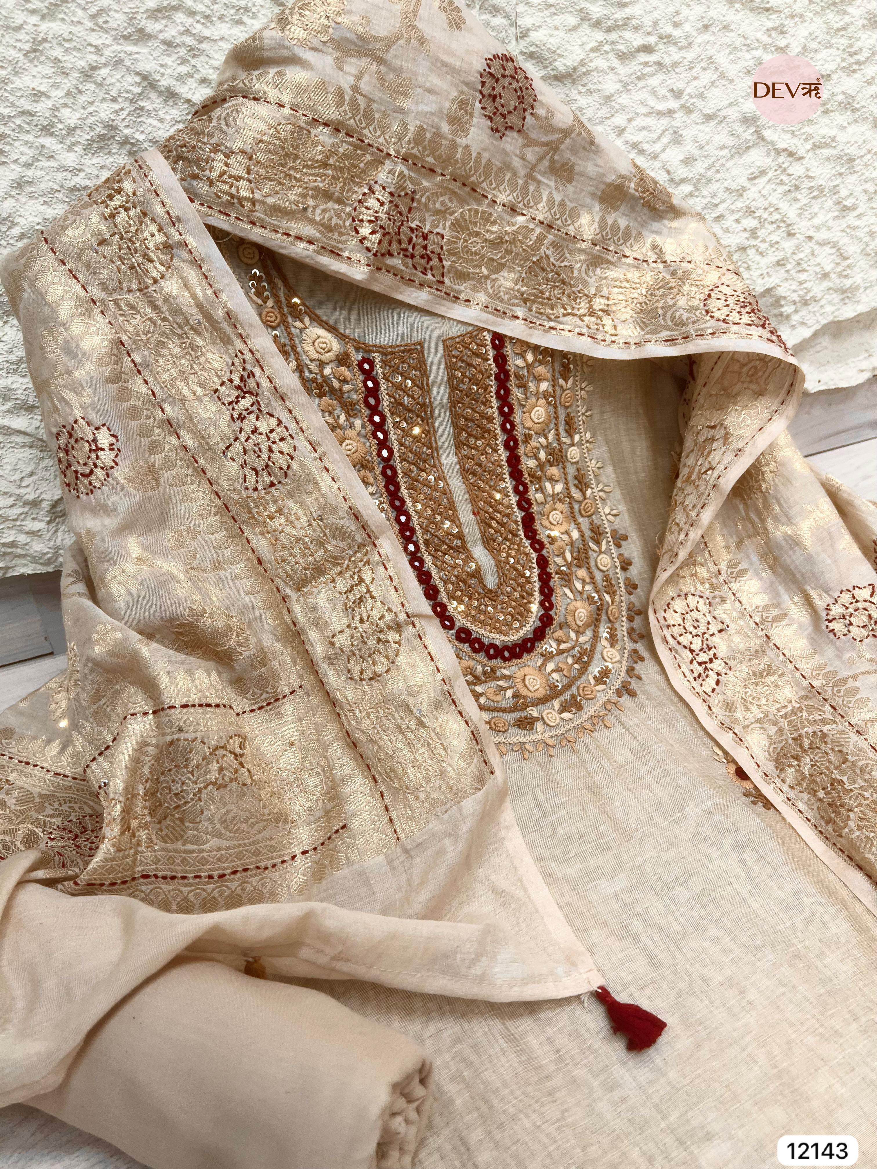 Off white Tissue Silk Unstitched Hand Embroidered -Set Of 3 - {12143}