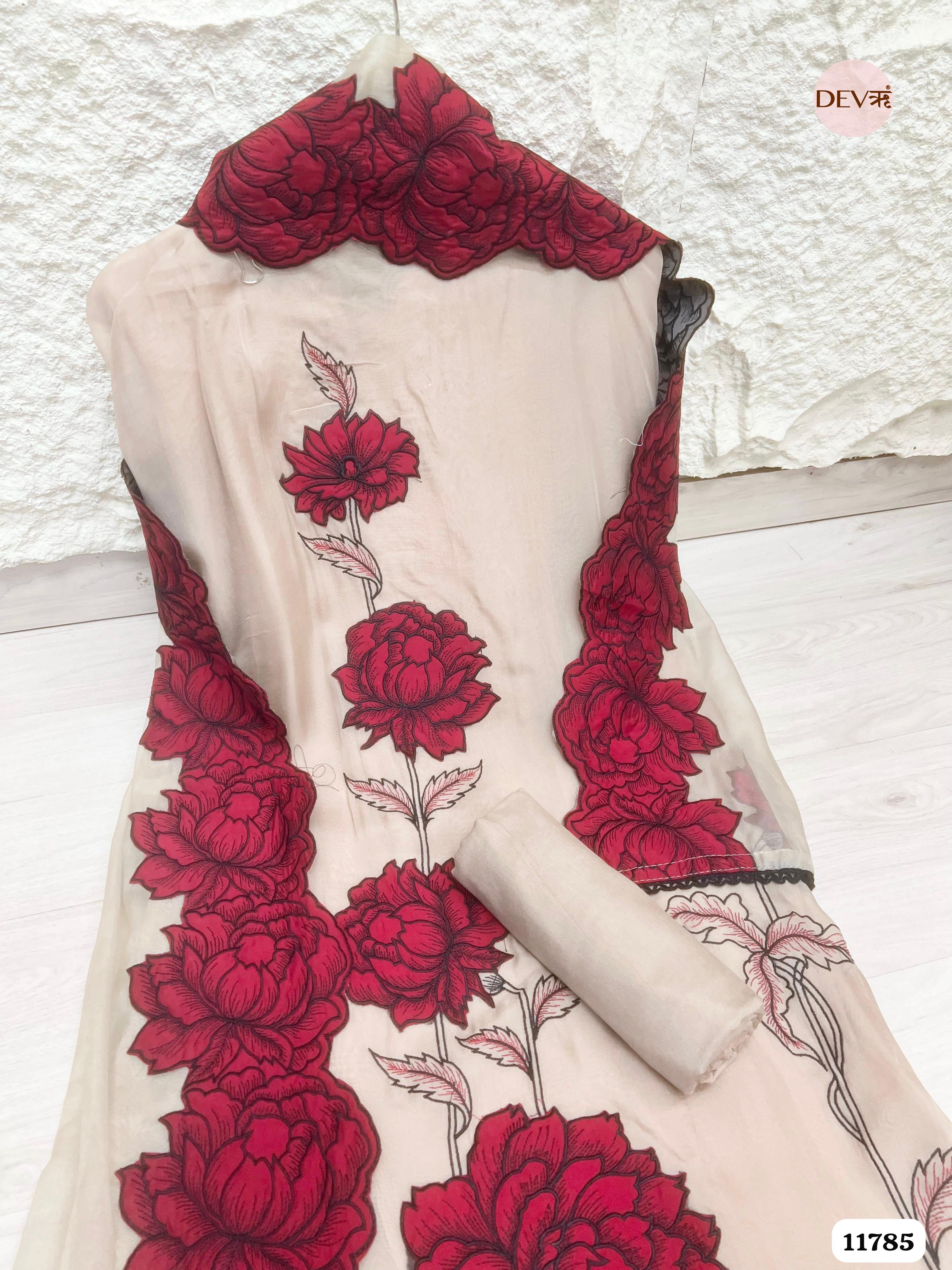 Beige Organza Unstitched Embroidered -Set Of 3 {11785}