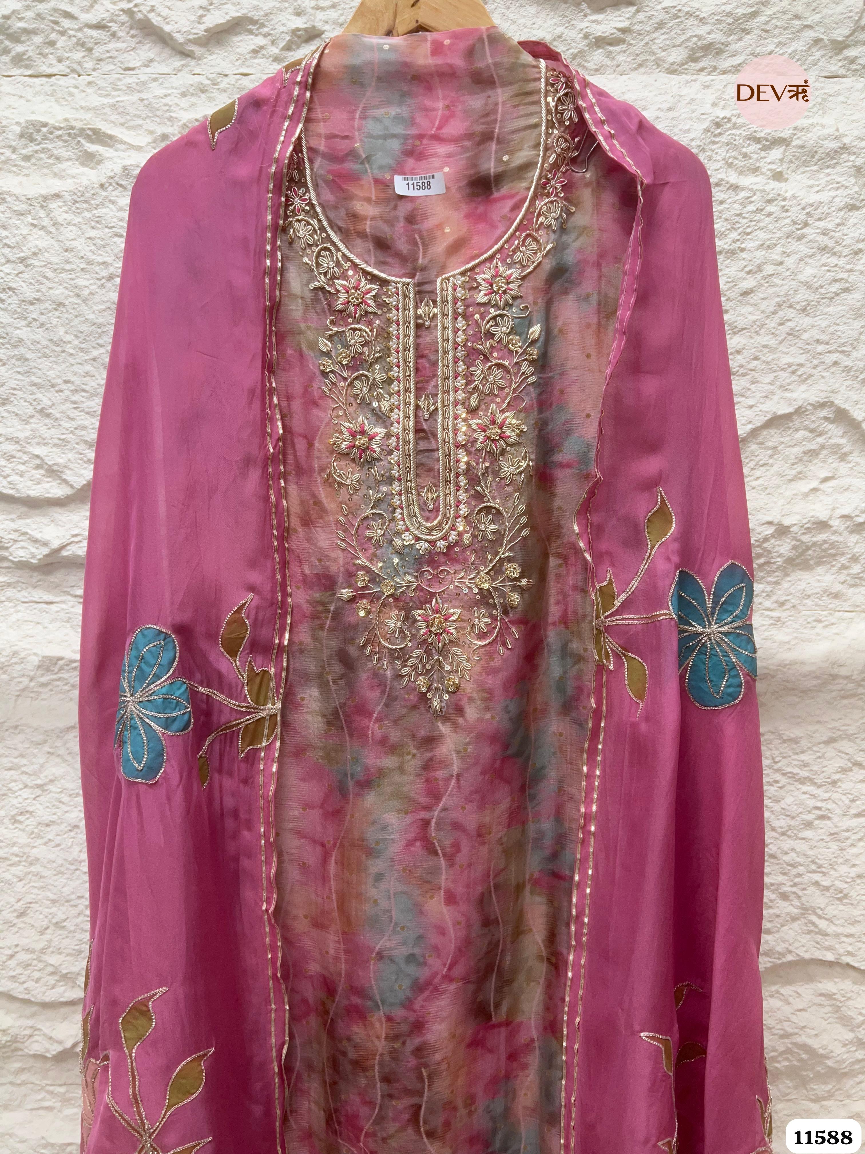 Pink Pure Organza Silk Printed Unstitched Hand Embroidered -Set Of 3 {11588}