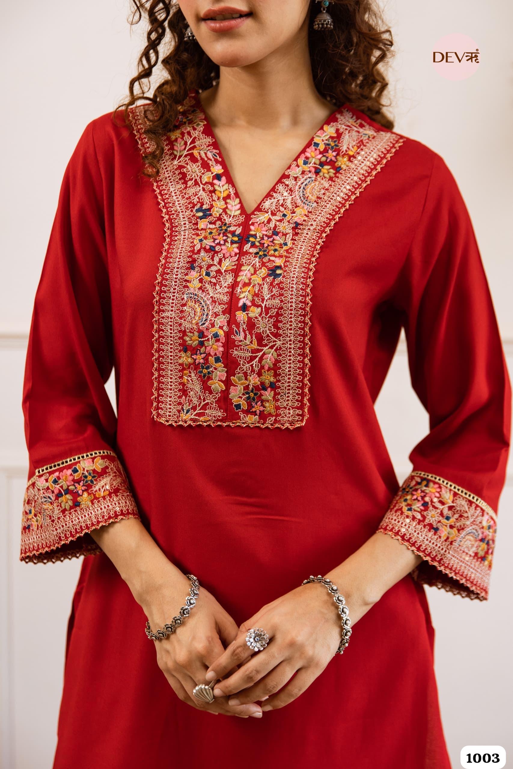 Red Embroidered Kurta Set Crafted From Soft german Reyon Fabric {1003}