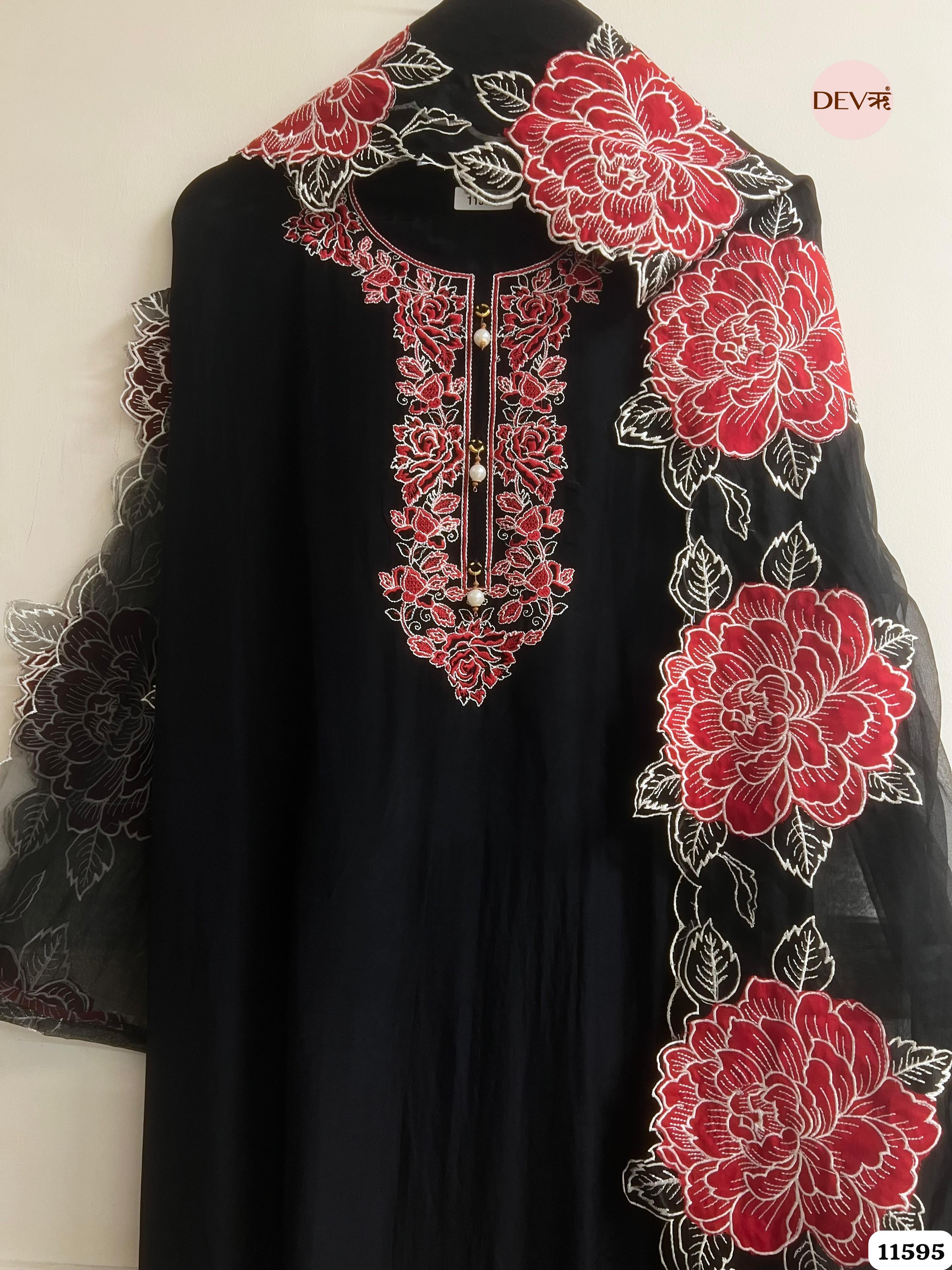 Black Organza Unstitched Embroidered -Set Of 3 {11595}