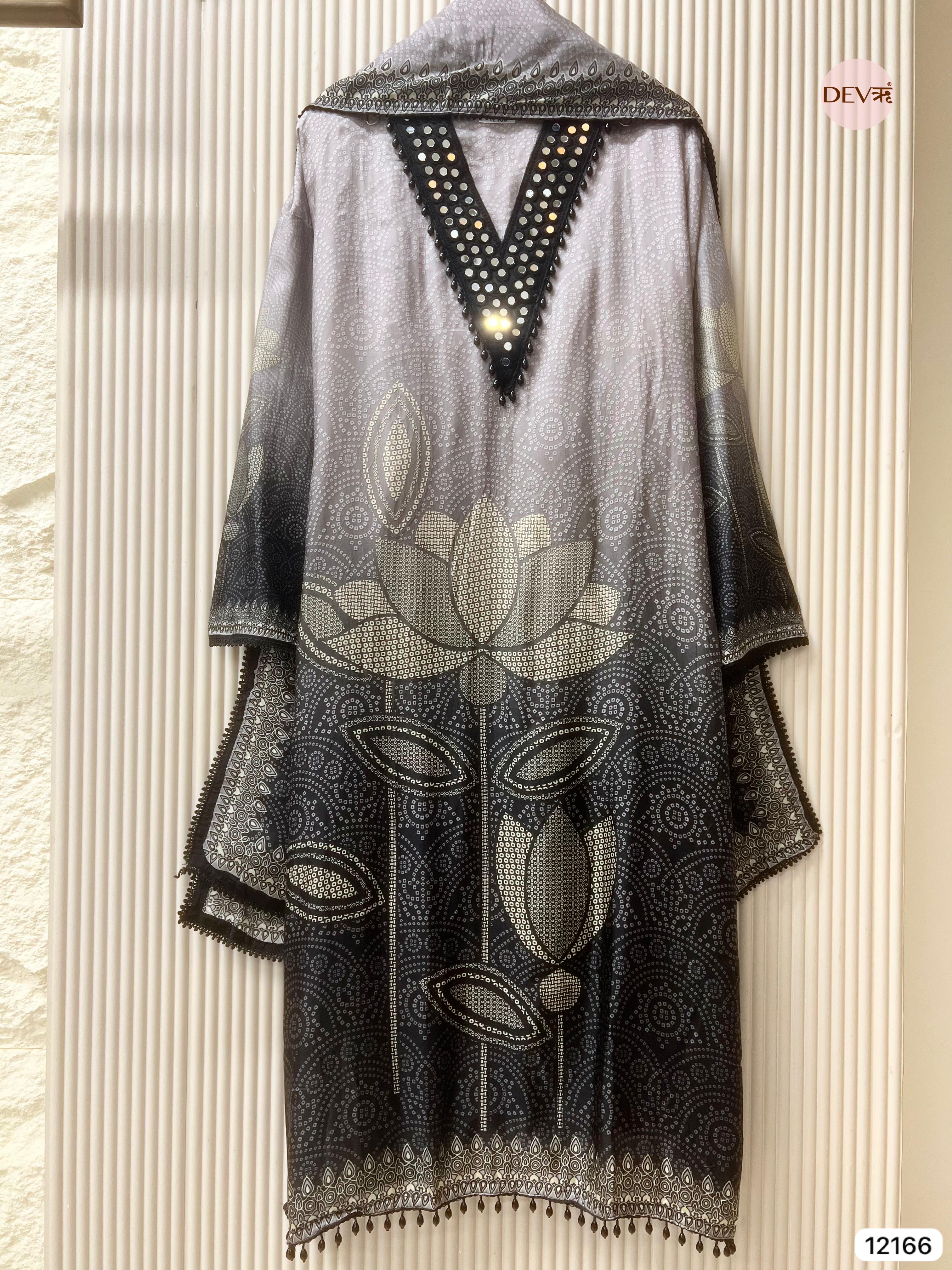 Grey Muslin Semi stitched Bandhani Print -Set Of 3 - {12166}