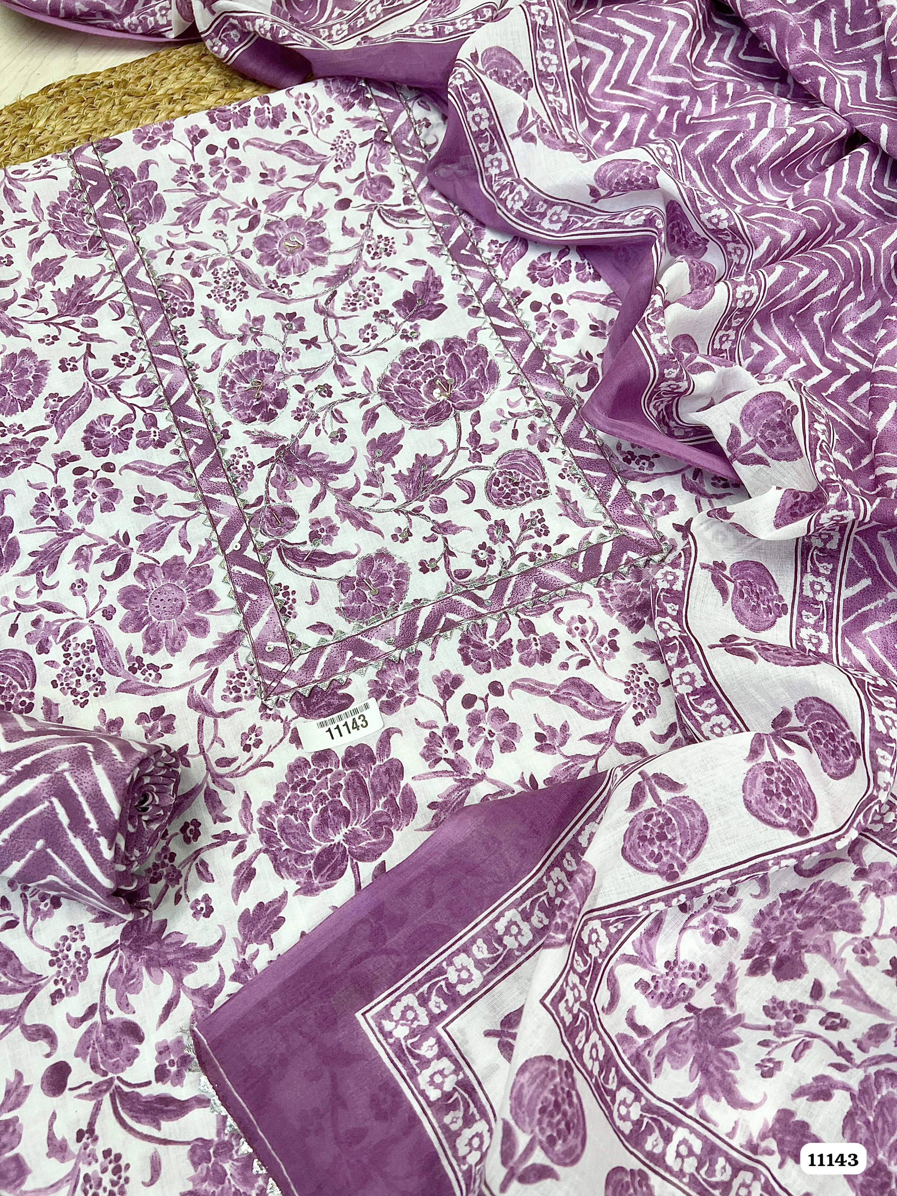 Purple Cotton Printed Unstitched Hand Embidered -Set Of 3 {11143}