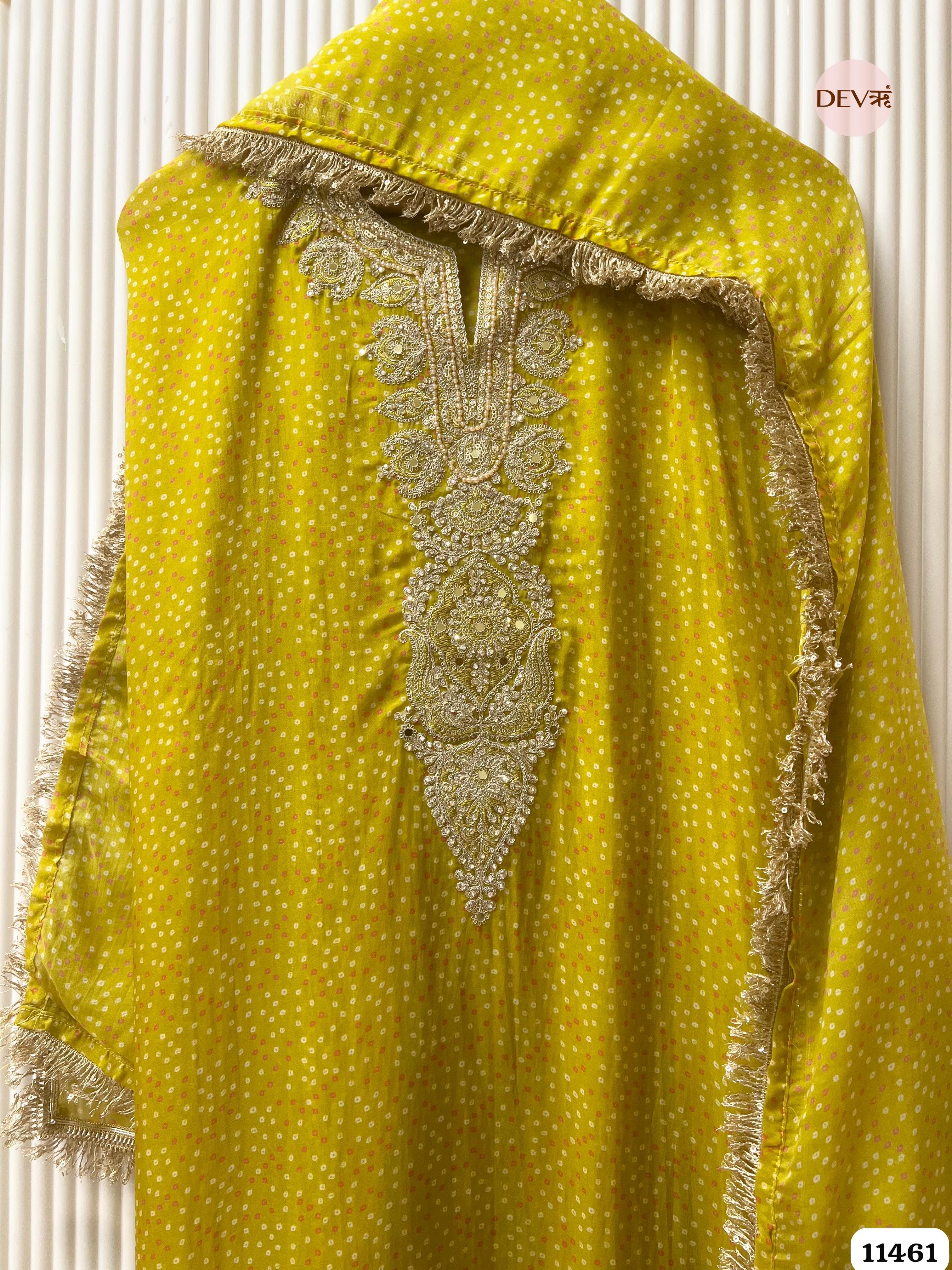 Yellow Pure Organza Printed Hand Embroidered -Set Of 3 {11461}