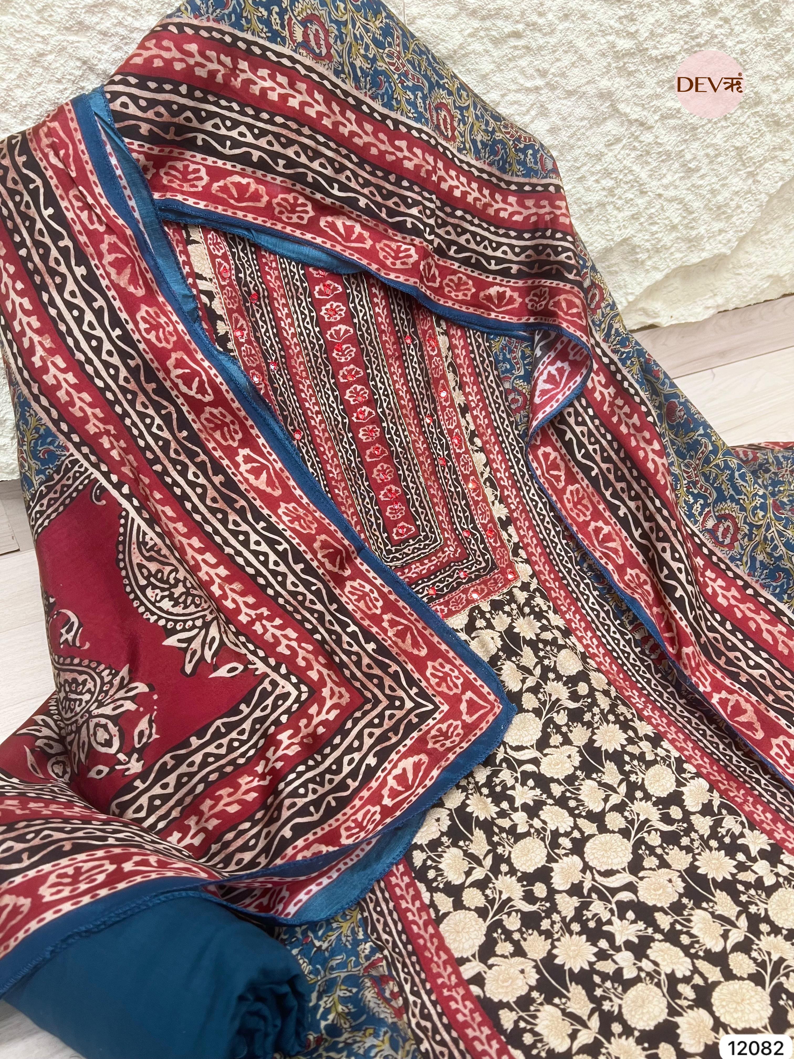 Multi colour Pure Muslin Unstitched Printed Embroidered -Set Of 3 - {12082}