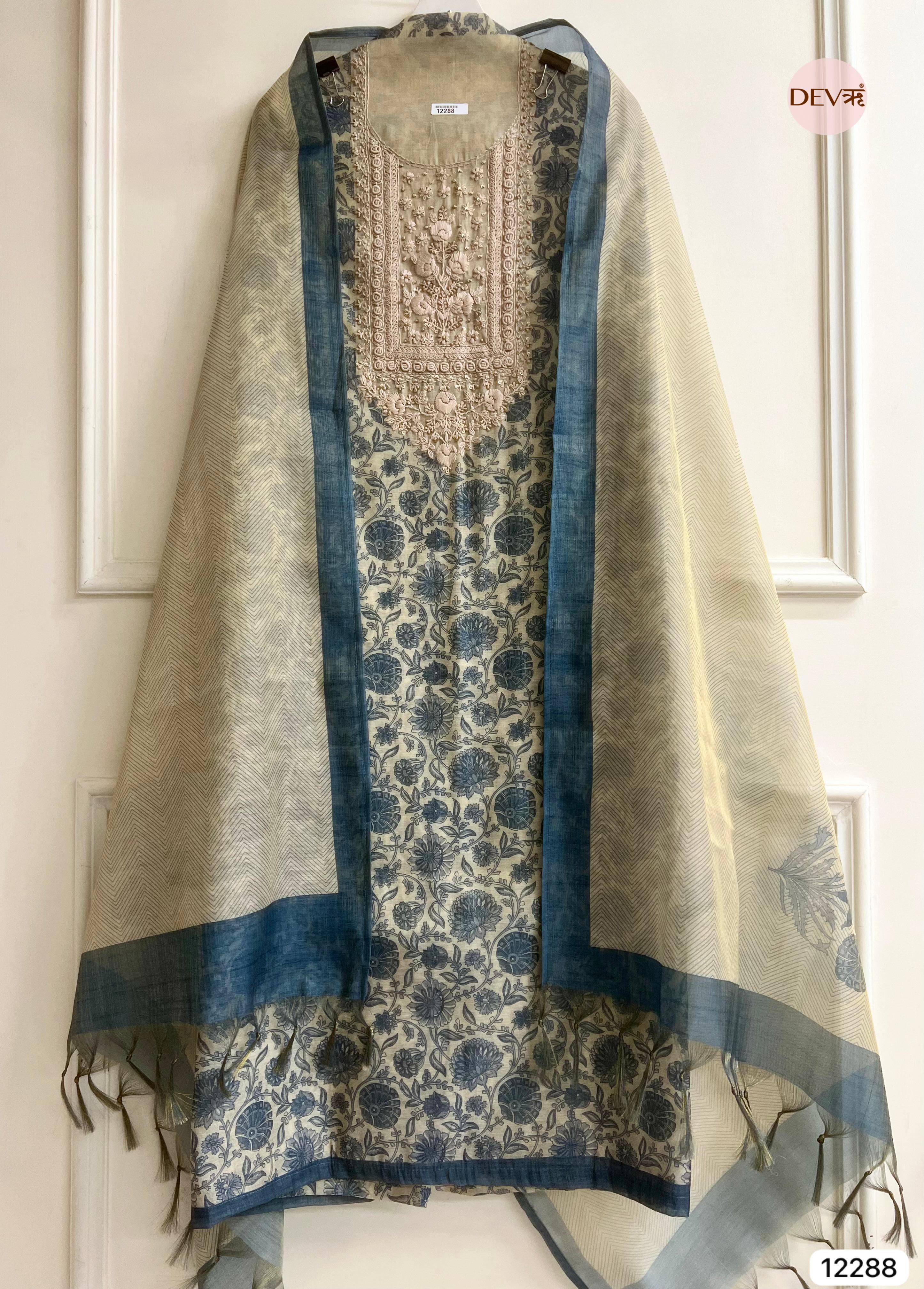 Ivory Blue Tissue Silk Embroidered Unstitched 3-Piece Suit (Devri – D.No 12288).