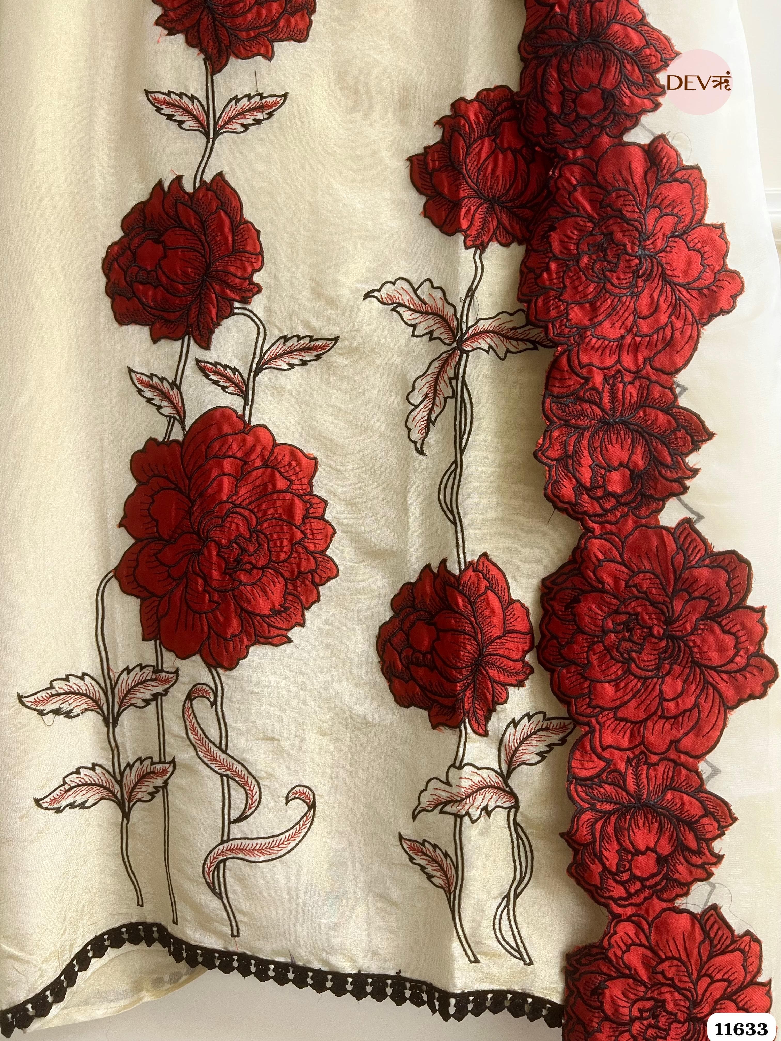 Off White Tissue Silk Unstitched Embroidered -Set Of 3 {11633}