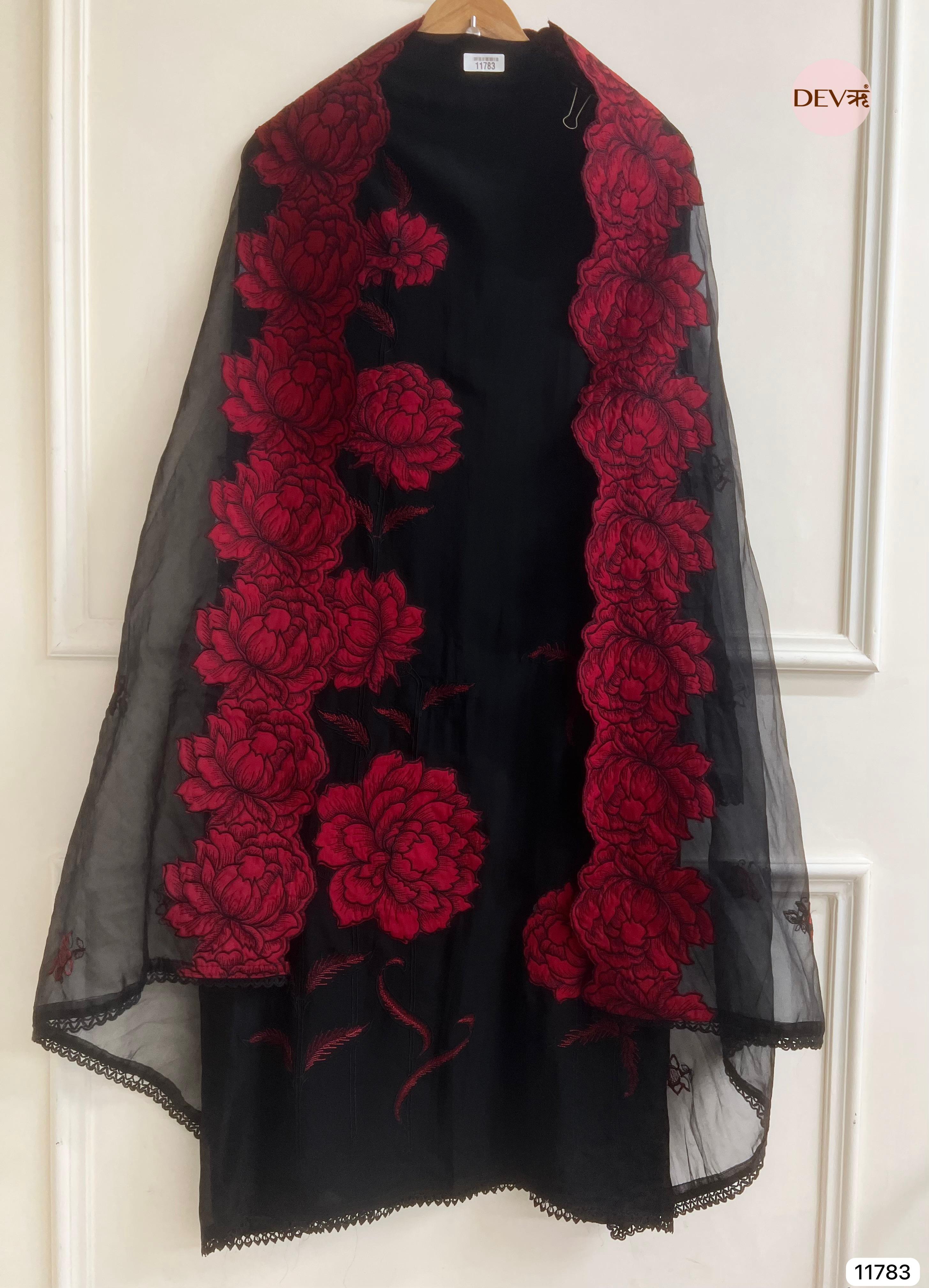 Black Organza Unstitched Embroidered -Set Of 3- {11783}
