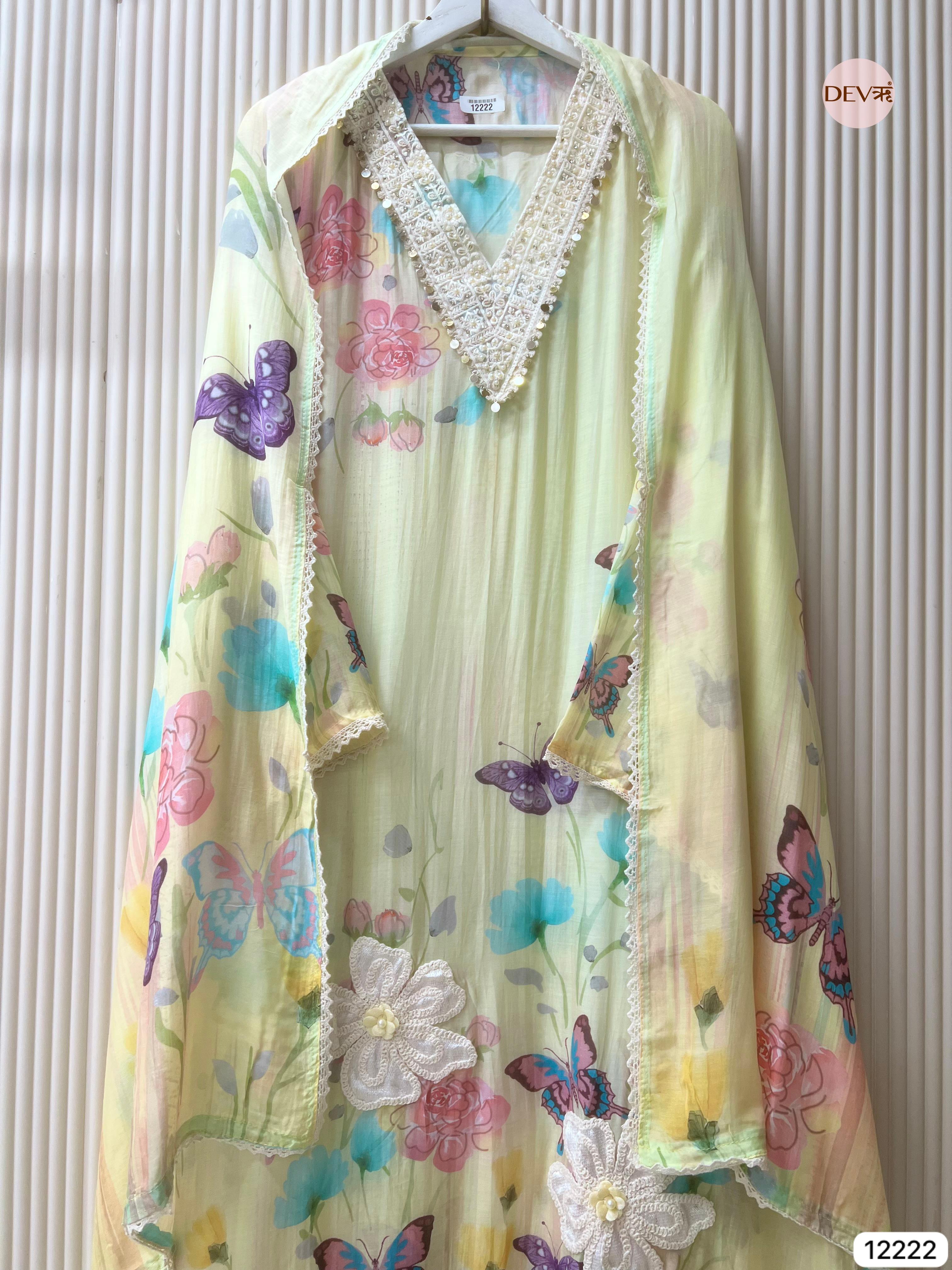 Pastel Yellow Mul Chanderi Printed Unstitched 3-Piece Suit (Devri – D.No 12222)