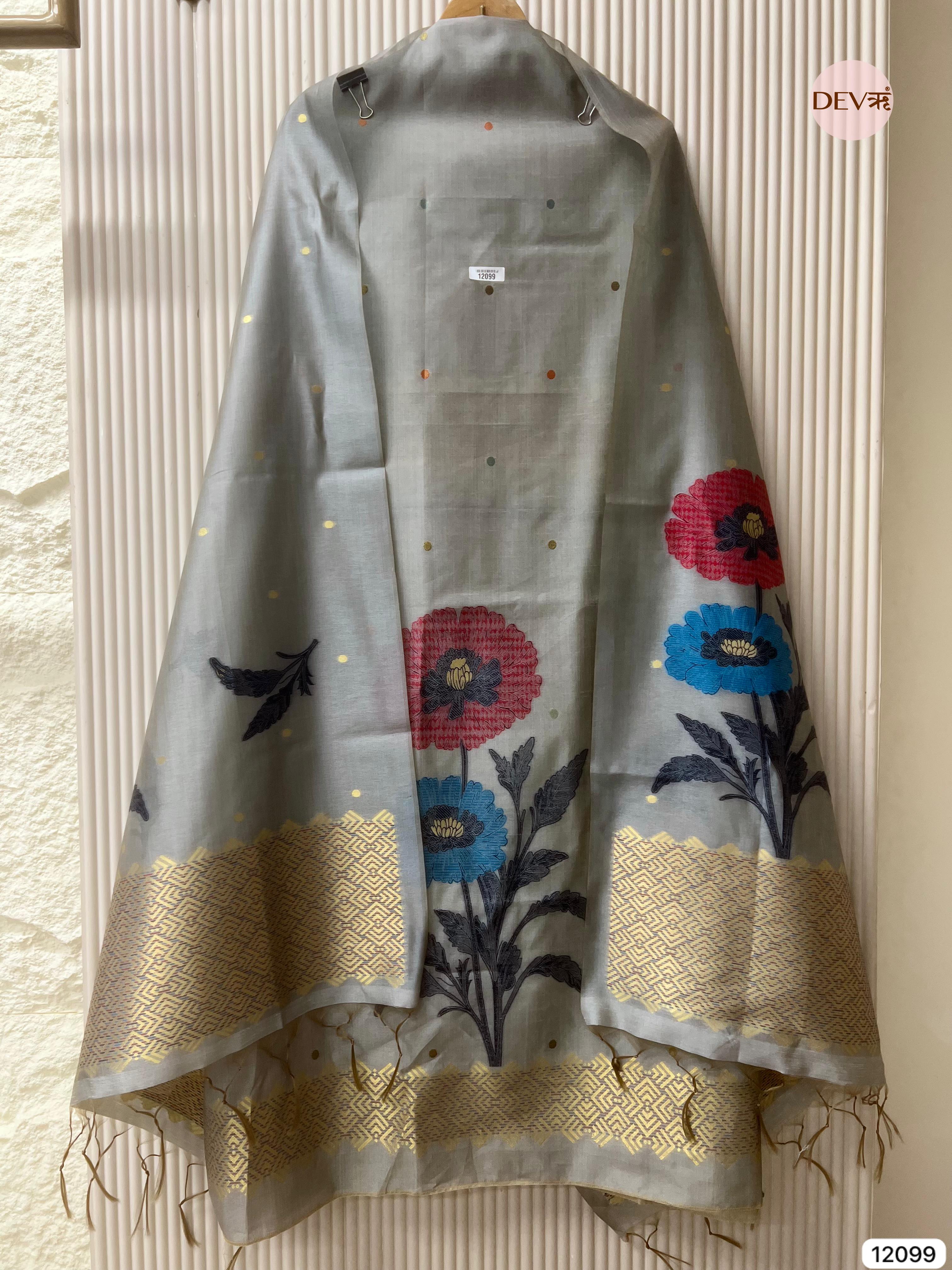 Grey Banarasi Khadi Silk Unstitched -Set Of 3 - {12099}