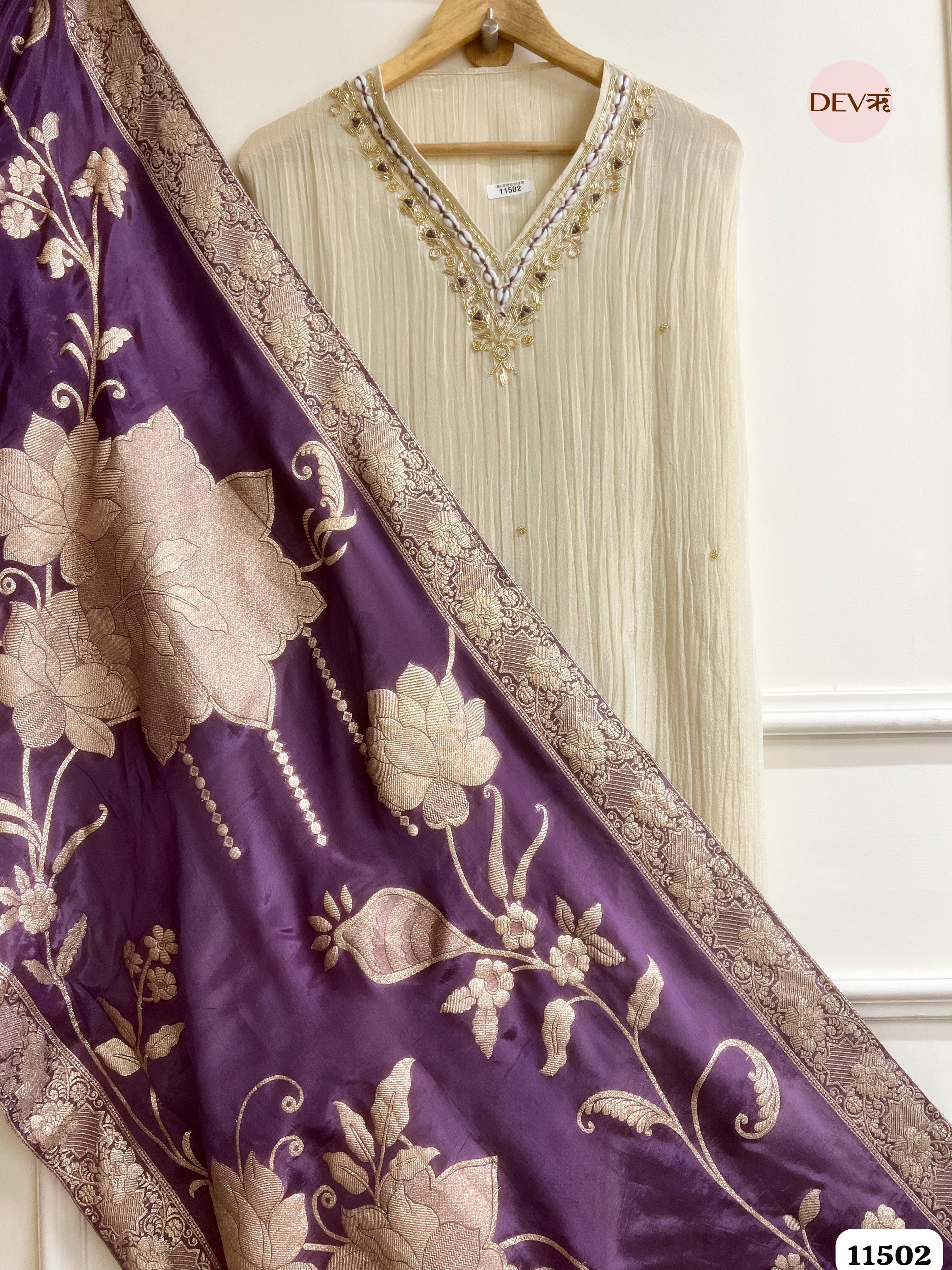Of White Tissue Crush Silk Unstitched Hand Embroidered -Set Of 3 {11502}