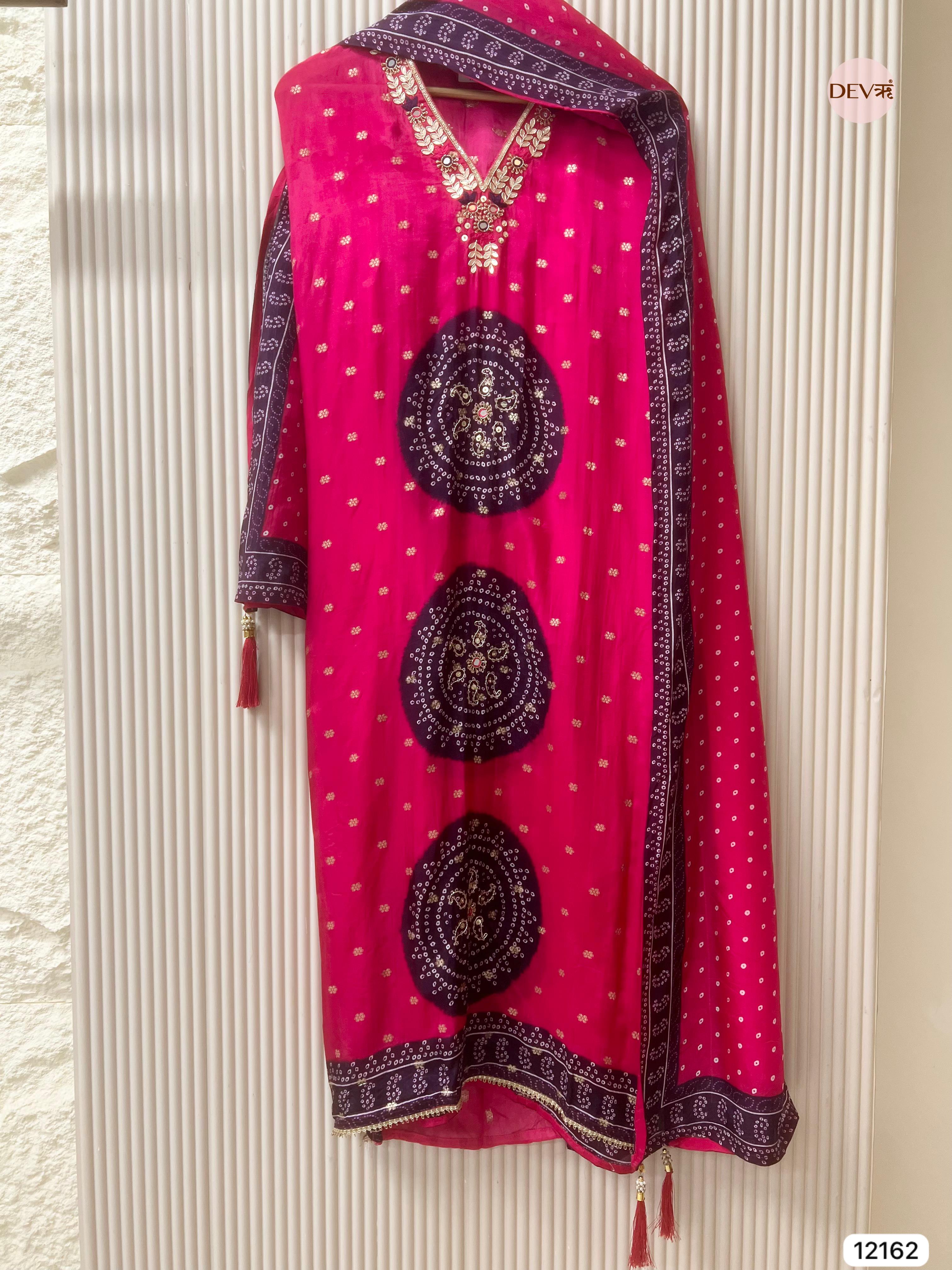Pink Pure Shimmer Organza Silk Unstitched Banarasi Woven Bandhani Printed Hand Embroidered -Set Of 3 - {12162}
