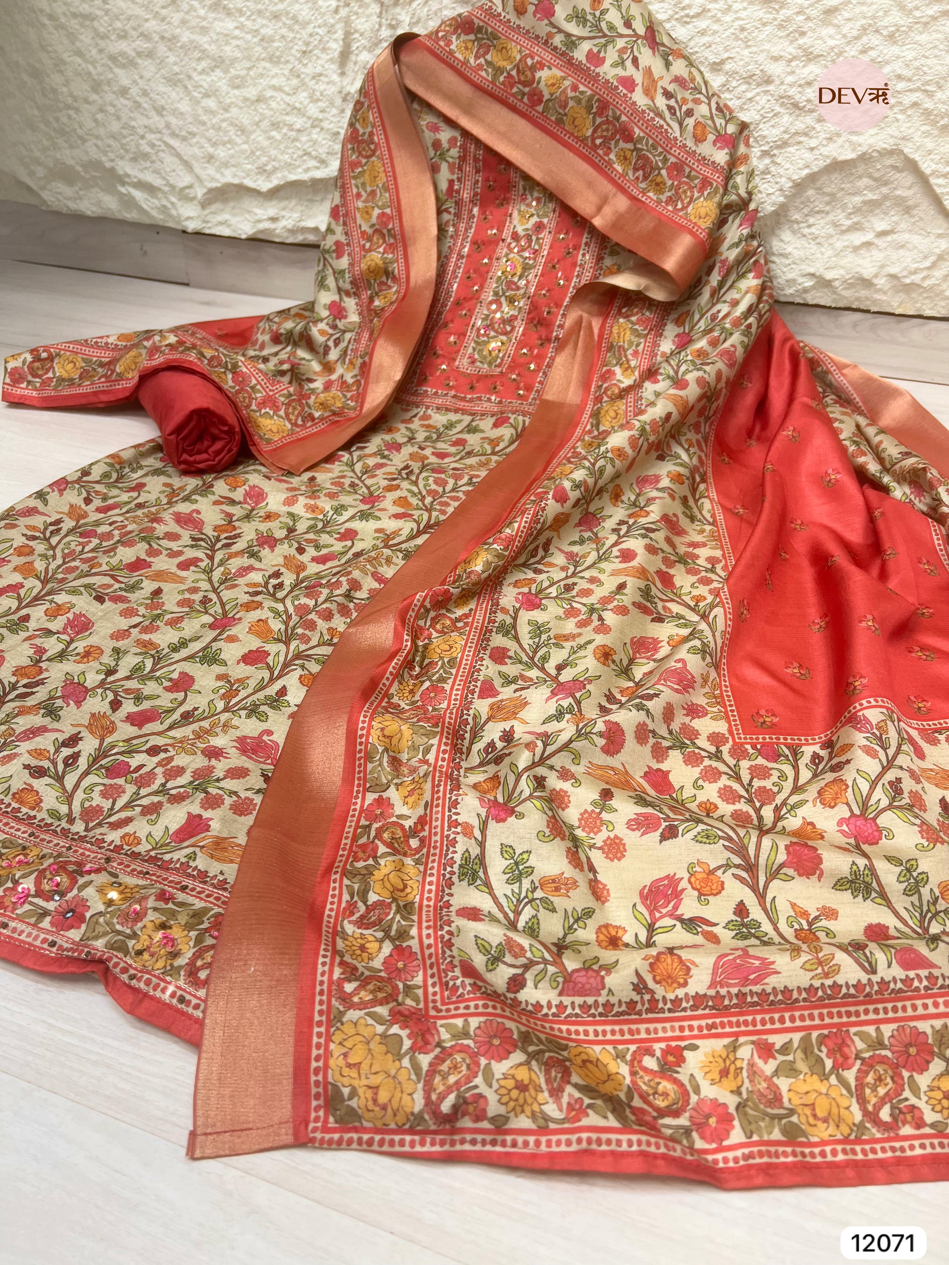 Multi Colour Tissue Khadi Silk Printed Unstitched Hand Embroidered -Set Of 3 - {12071}
