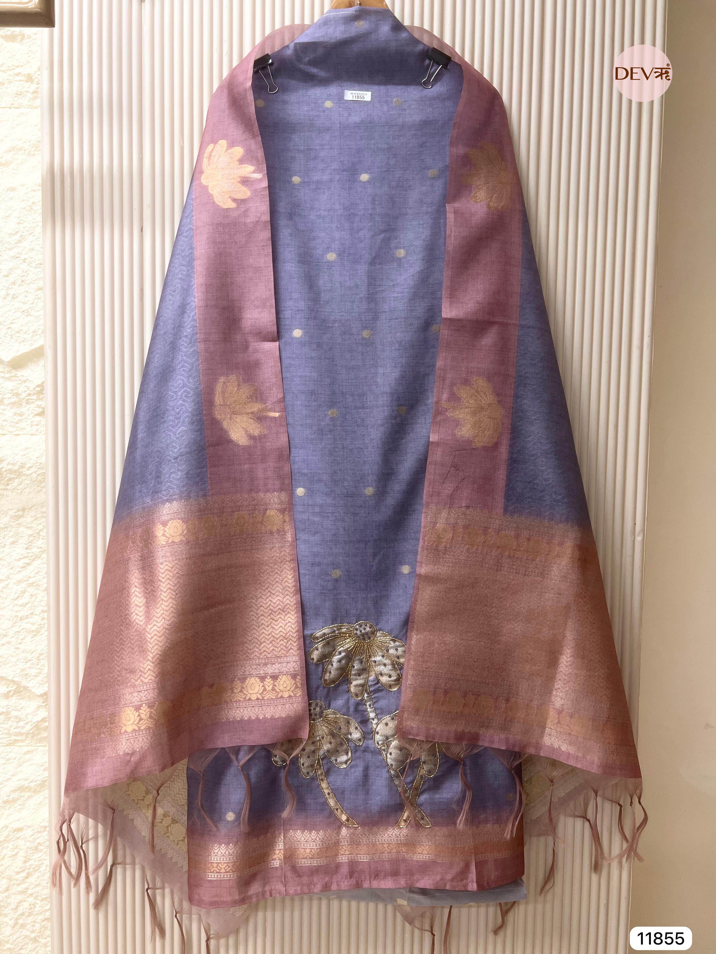 Purple Banarasi silk unstitched woven hand embroidered -Set Of 3- {11855}