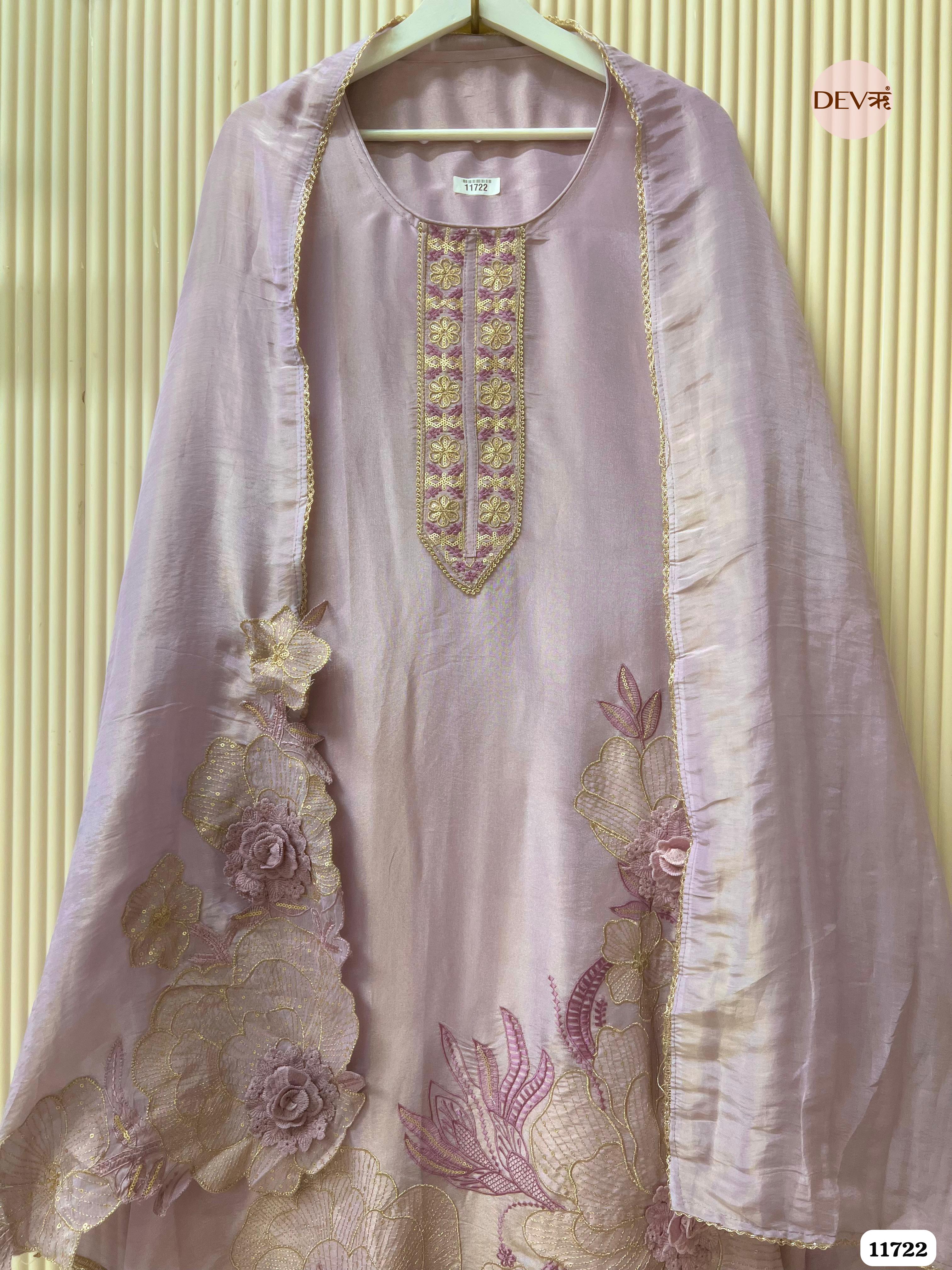 Light Purple Tissue Shimmer Silk Unstitched Embroidered -Set Of 3- {11722}