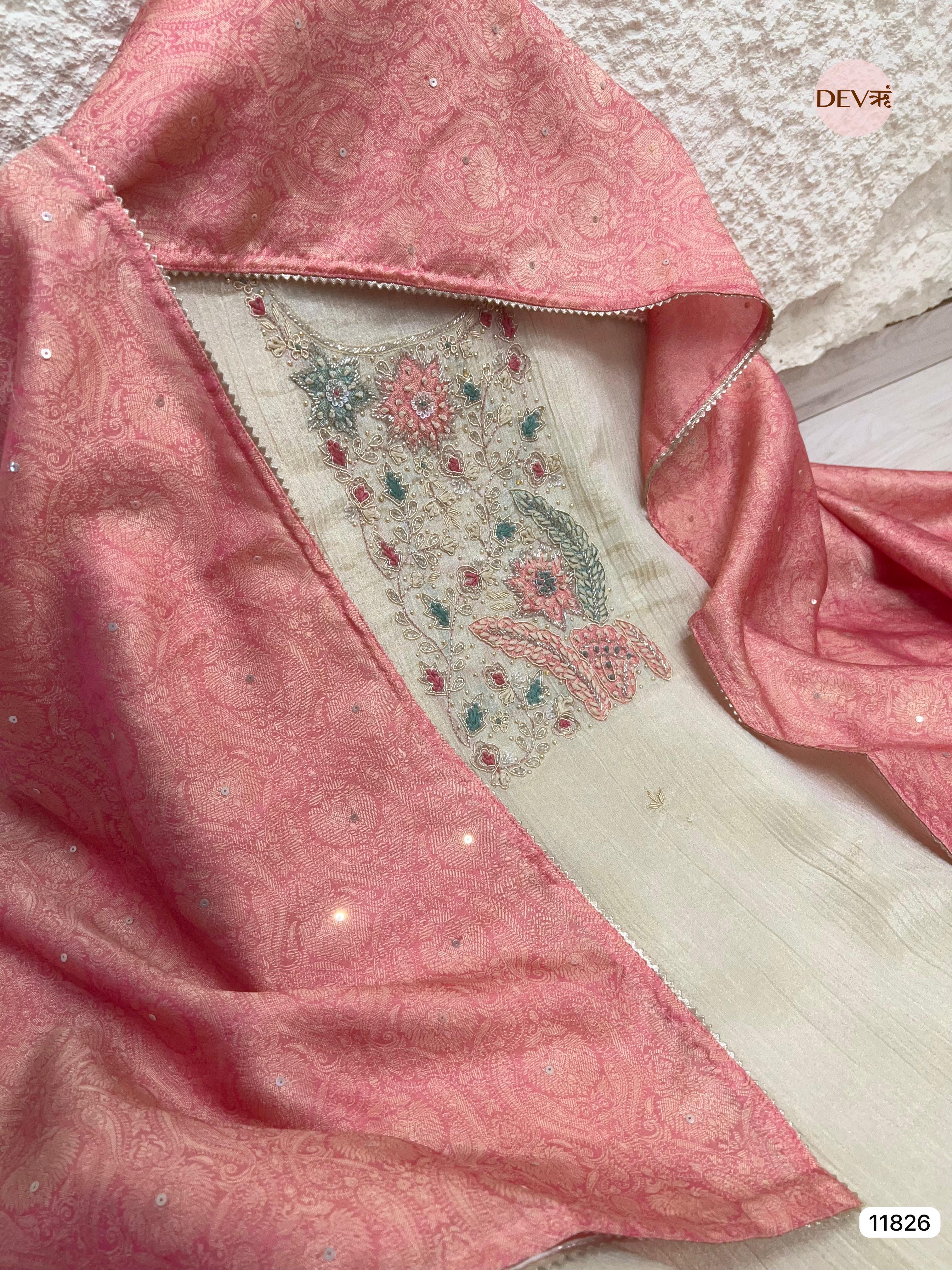 Off White Pure Tissue Crush Silk Unstitched Hand Embroidered -Set Of 3- {11826}