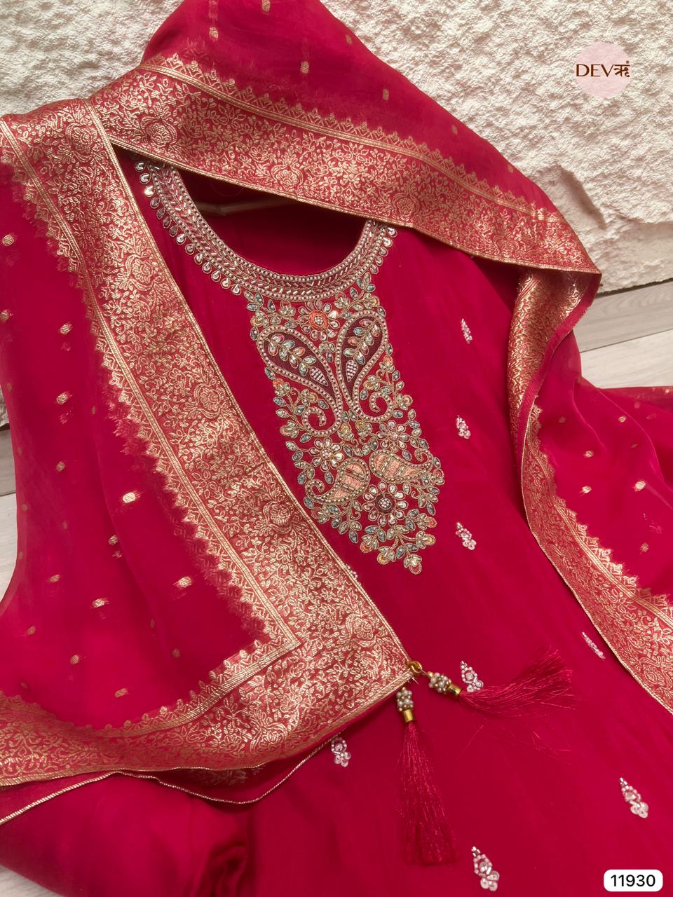 Red Pure Russian Silk Unstitched Hand Embroidered -Set Of 3 - {11930}