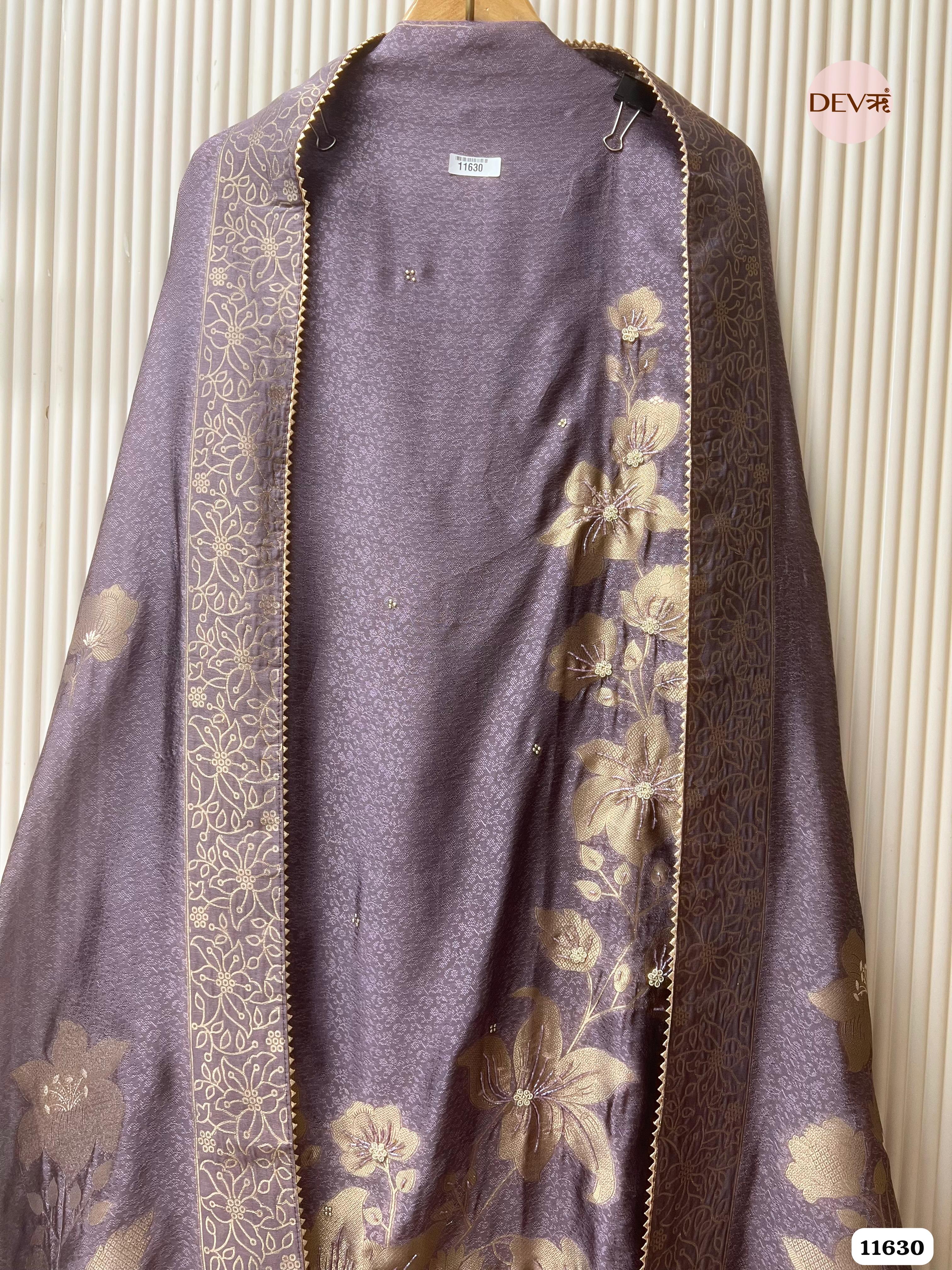 Purple Pure Dola Silk Banarasi Woven Unstitched Hand Embroidered -Set Of 3 {11630}