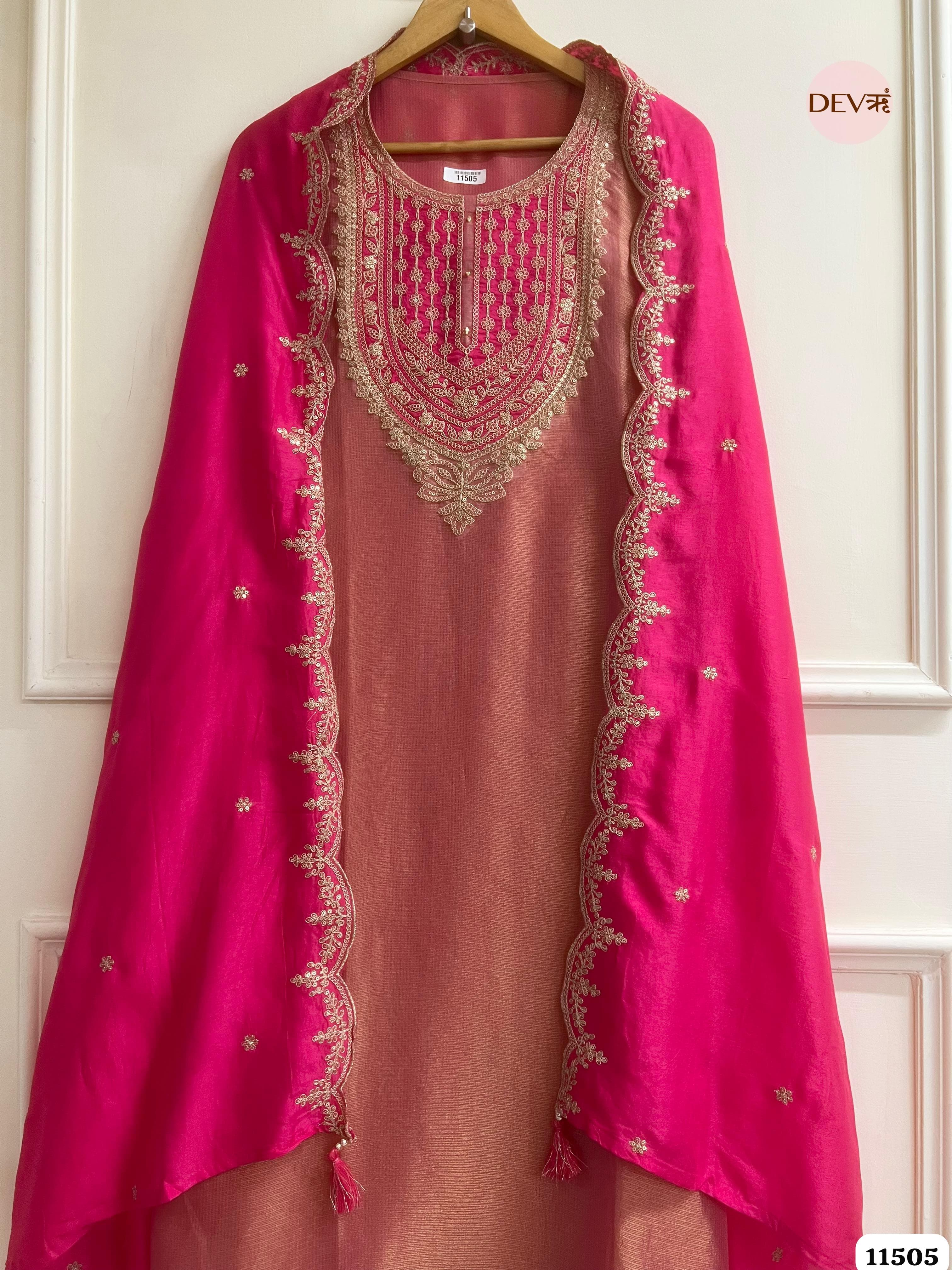 Primarily Pink Tissue Silk Unstitched Embroidered -Set Of 3 {11505}