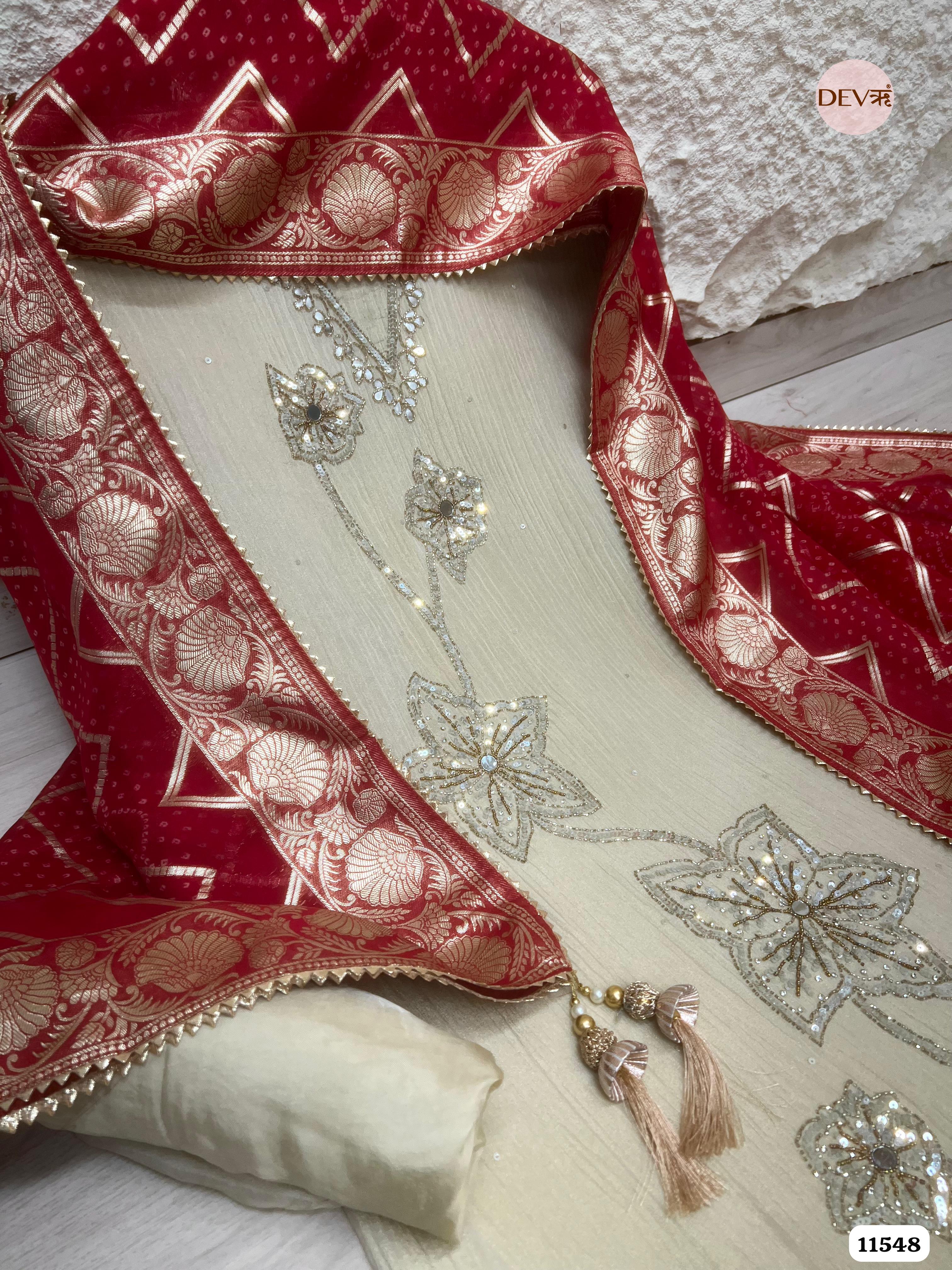 Creamy Pure Chino Unstitched Hand Embroidered -Set Of 3 {11548}
