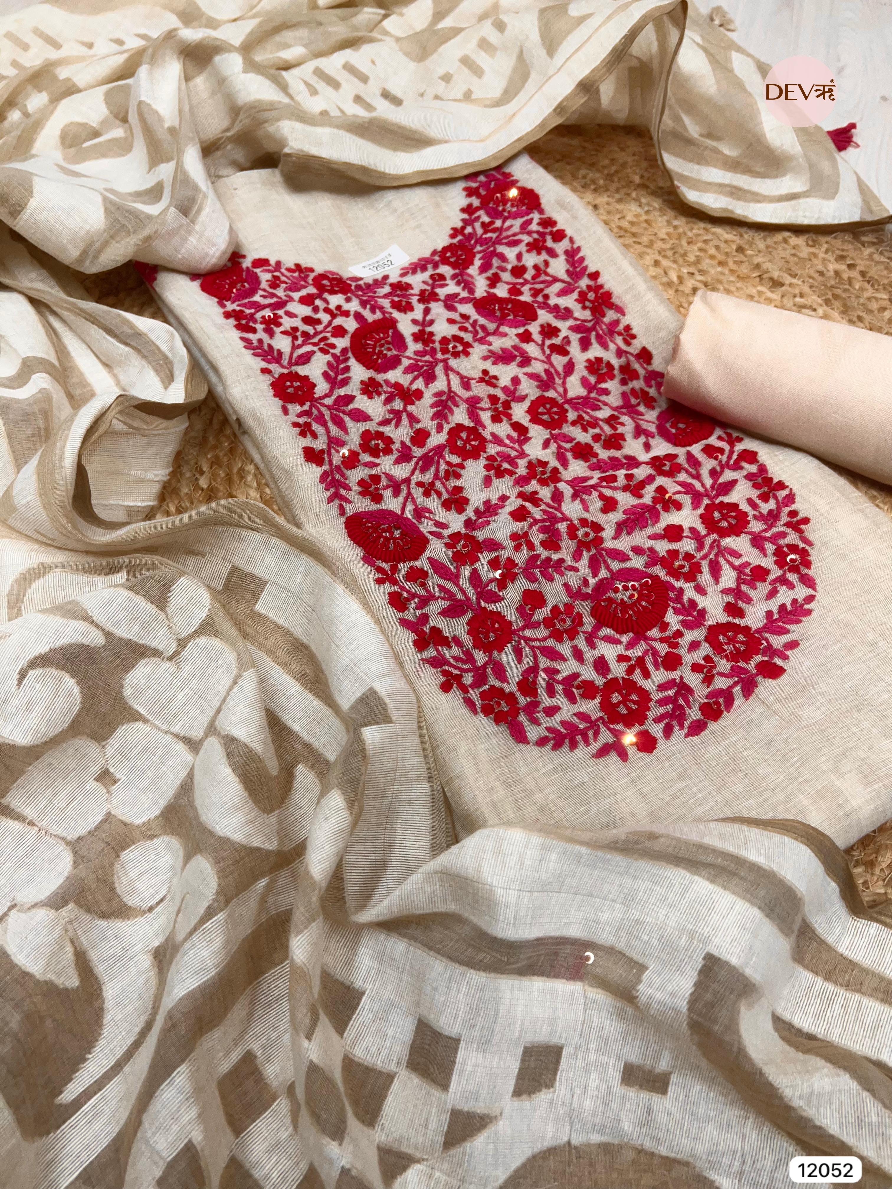 Cream Colour Pure Khadi Silk Unstitched Embroidered -Set Of 3- {12052}