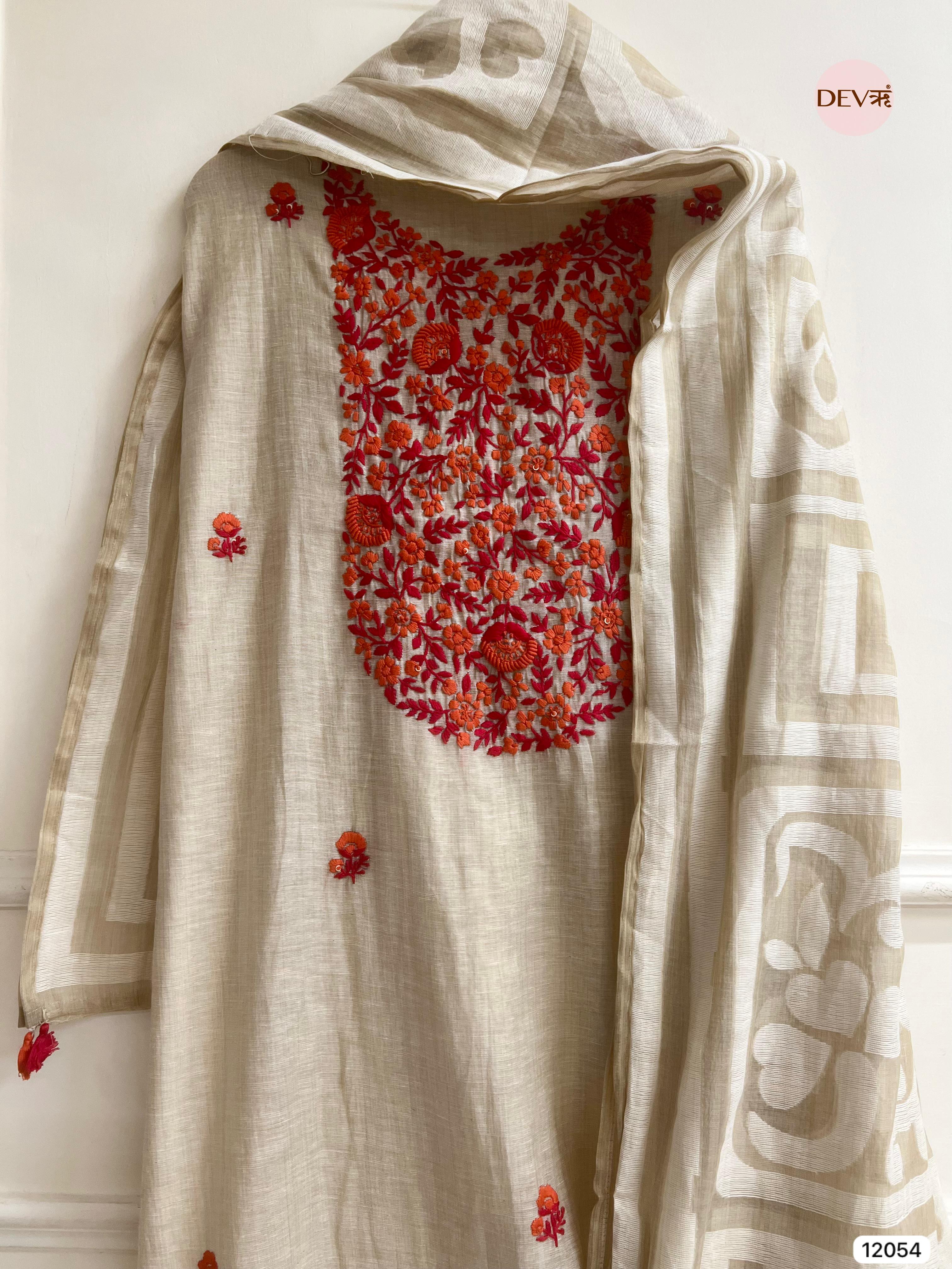 Cream Colour Pure Khadi Silk Unstitched Embroidered -Set Of 3 - {12054}