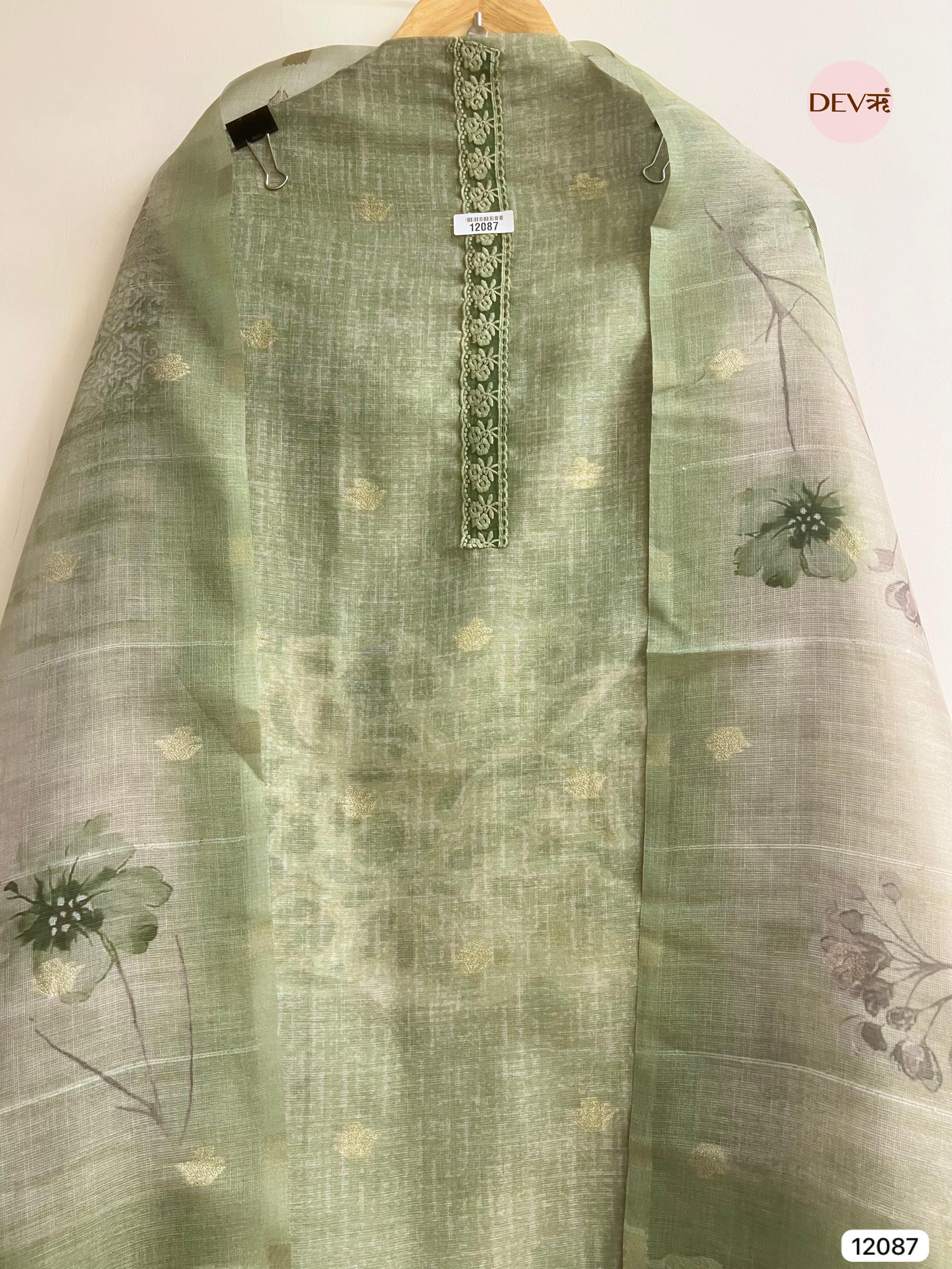 Green Pure Raw Unstitched Silk Thread Woven Embroidered -Set Of 3 - {12087}