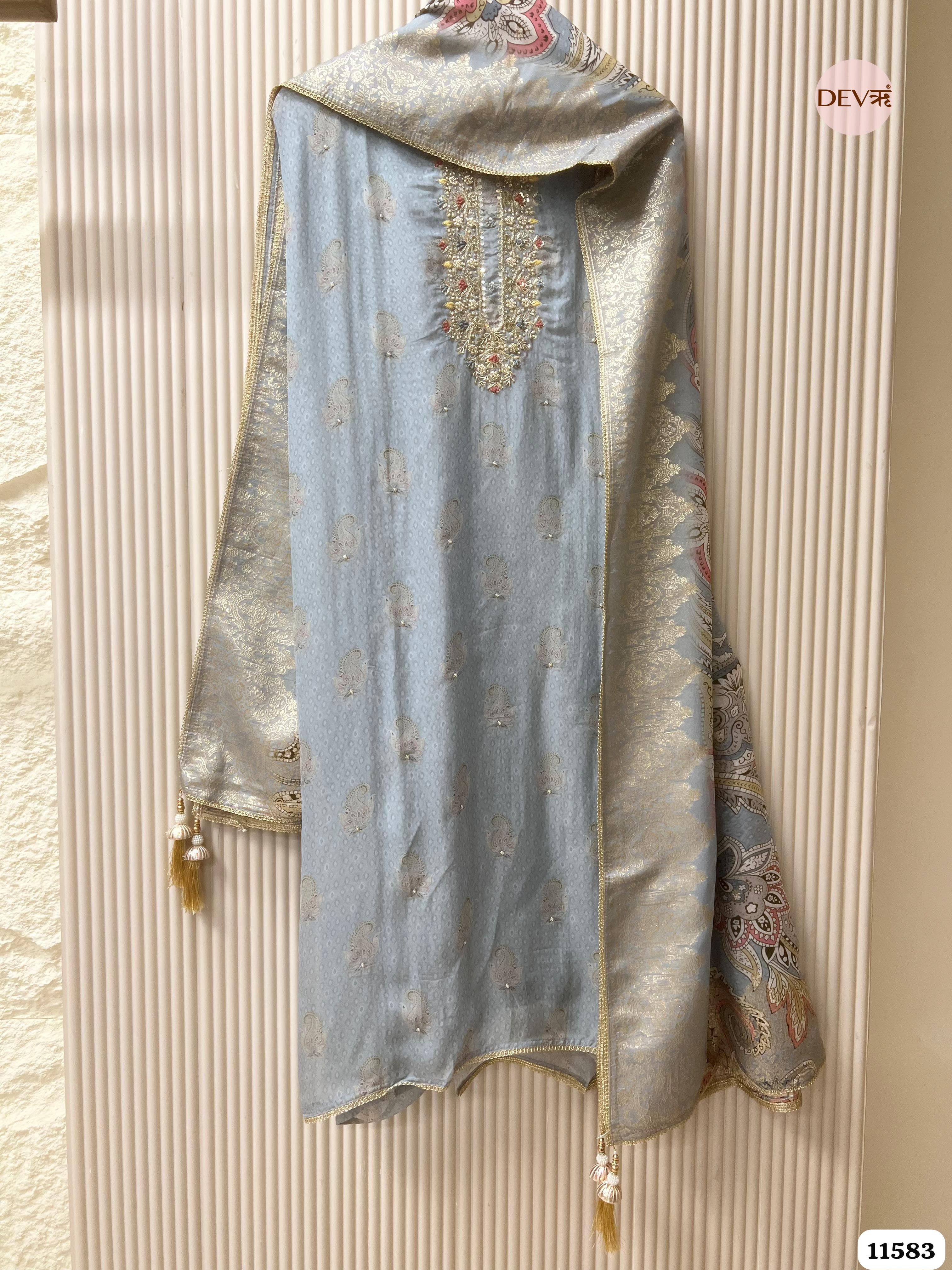 Light Grey Pure Silk Unstitched Printed Hand Embroidered -Set Of 3 {11583}