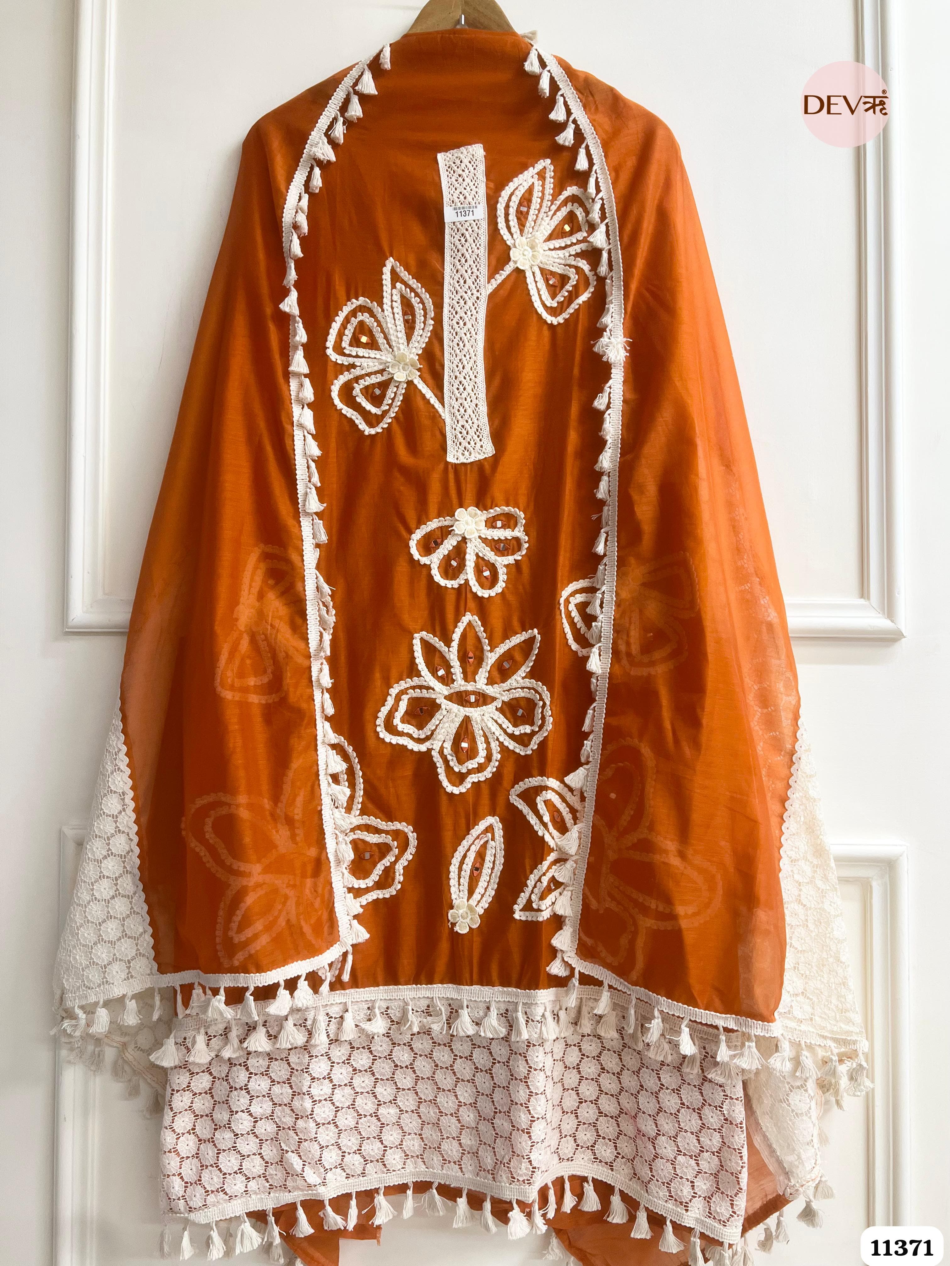 Brown Mul Chanderi Unstitched Hand Embroidered -Set Of 3 {11371}