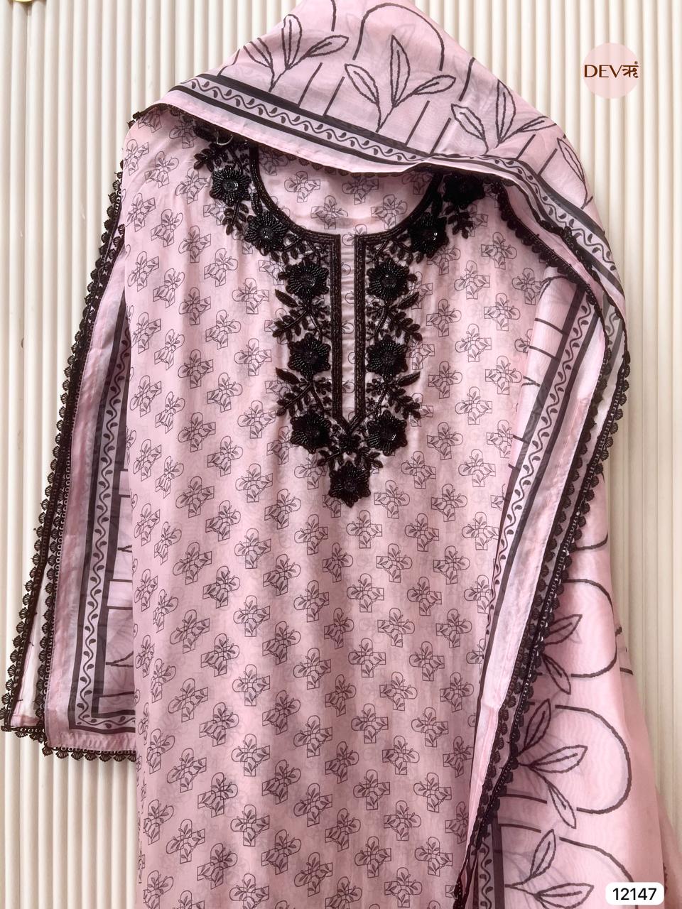 Pink Pure Organza Unstitched Printed Hand Embroidered -Set Of 3 - {12147}