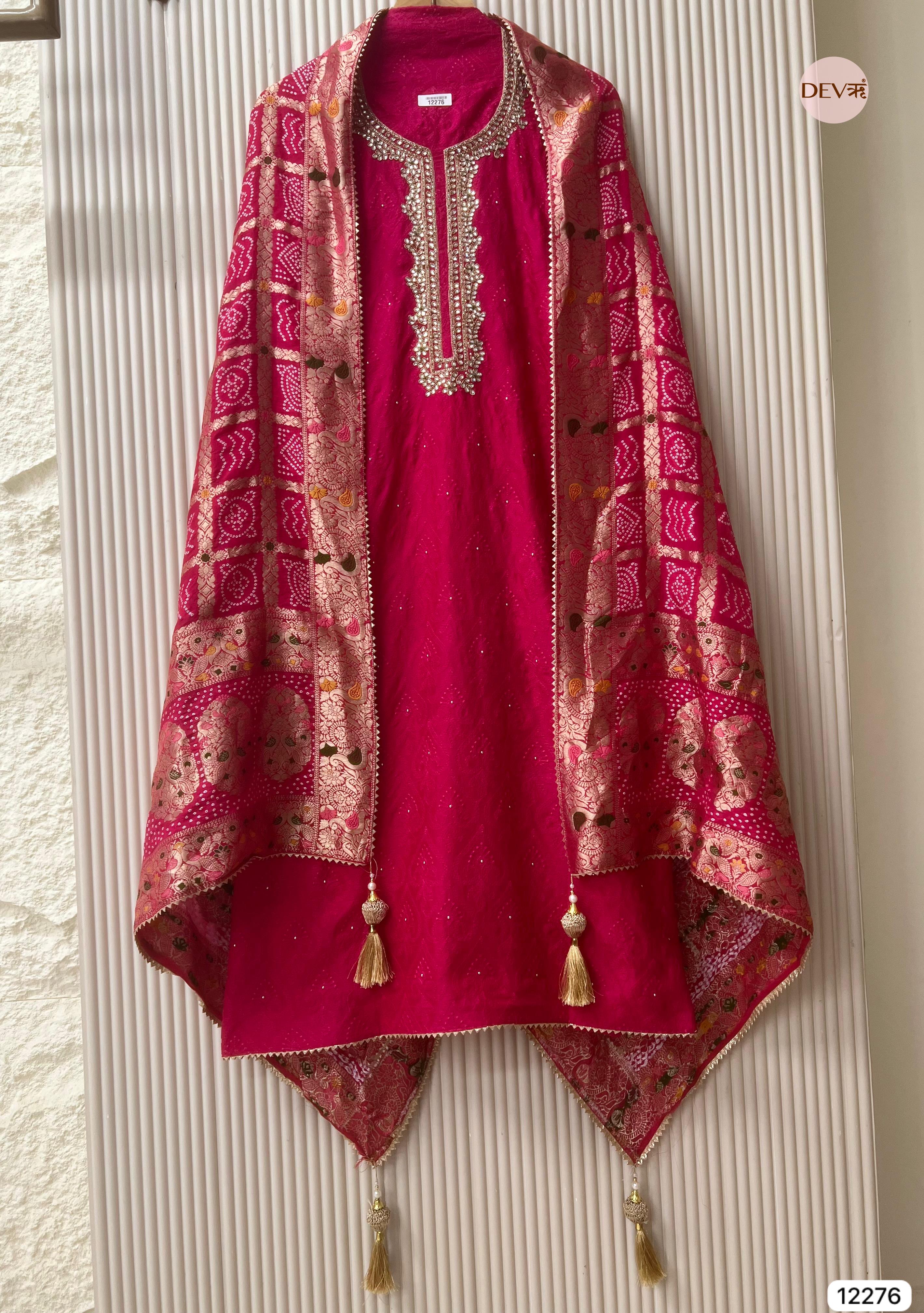 Rani Pink Pure Russian Silk Embroidered Unstitched 3-Piece Suit (Devri – D.No 12276)