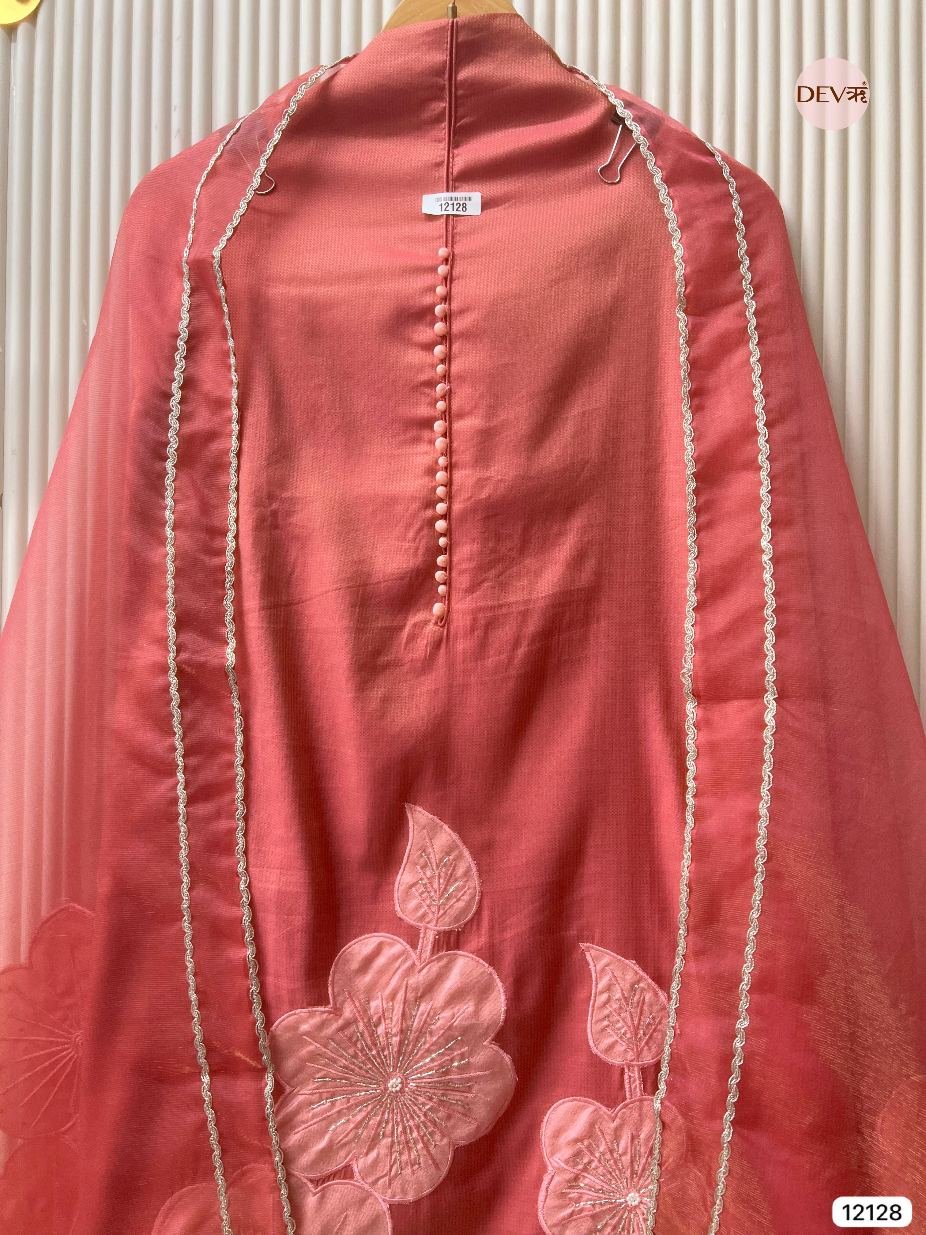 Red Shimmer silk Unstitched Applique Embroidered -Set Of 3 - {12128}