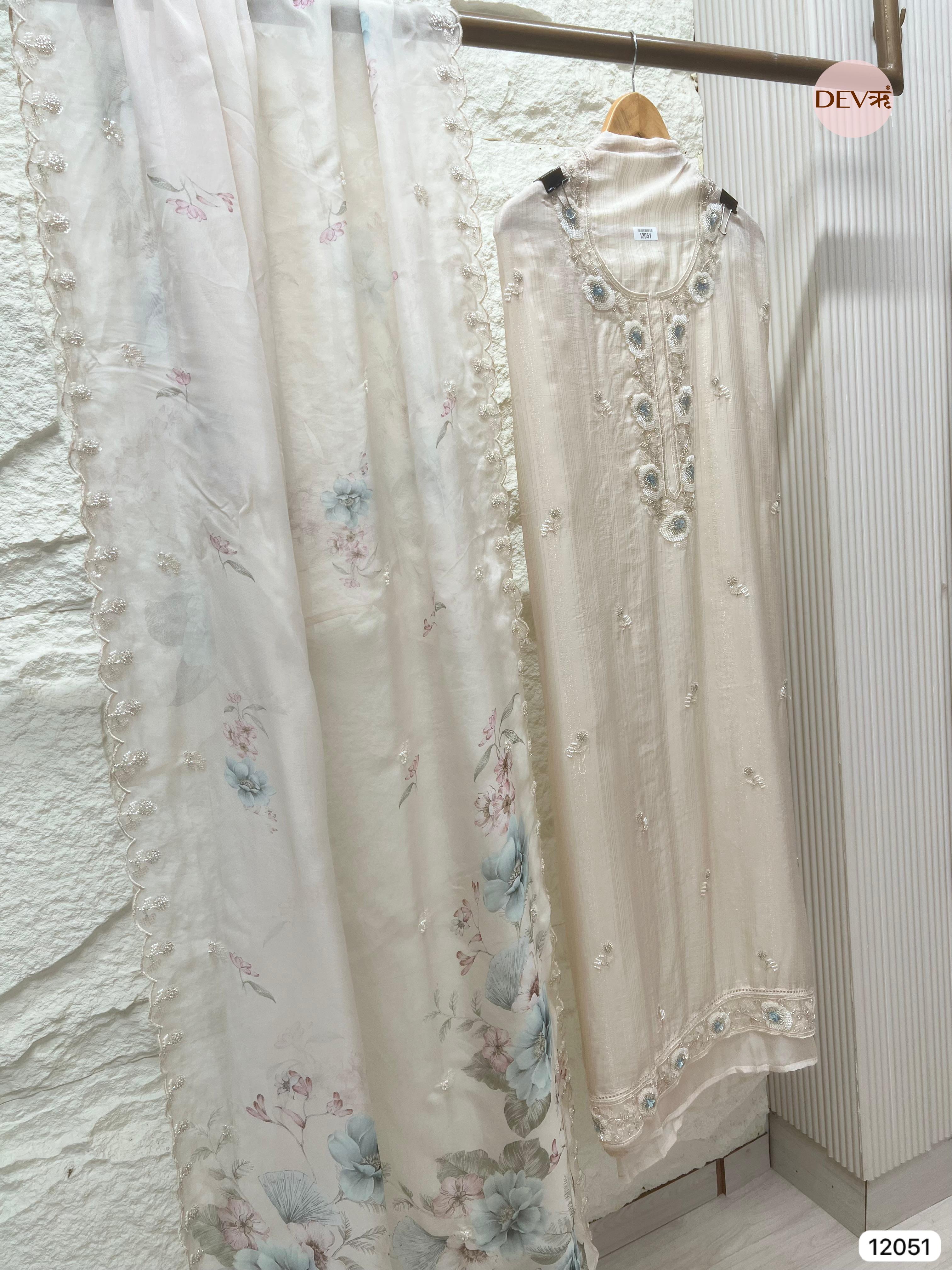 Off White Pure Organza Woven Unstitched Hand Embroidered -Set Of 3 - {12051}
